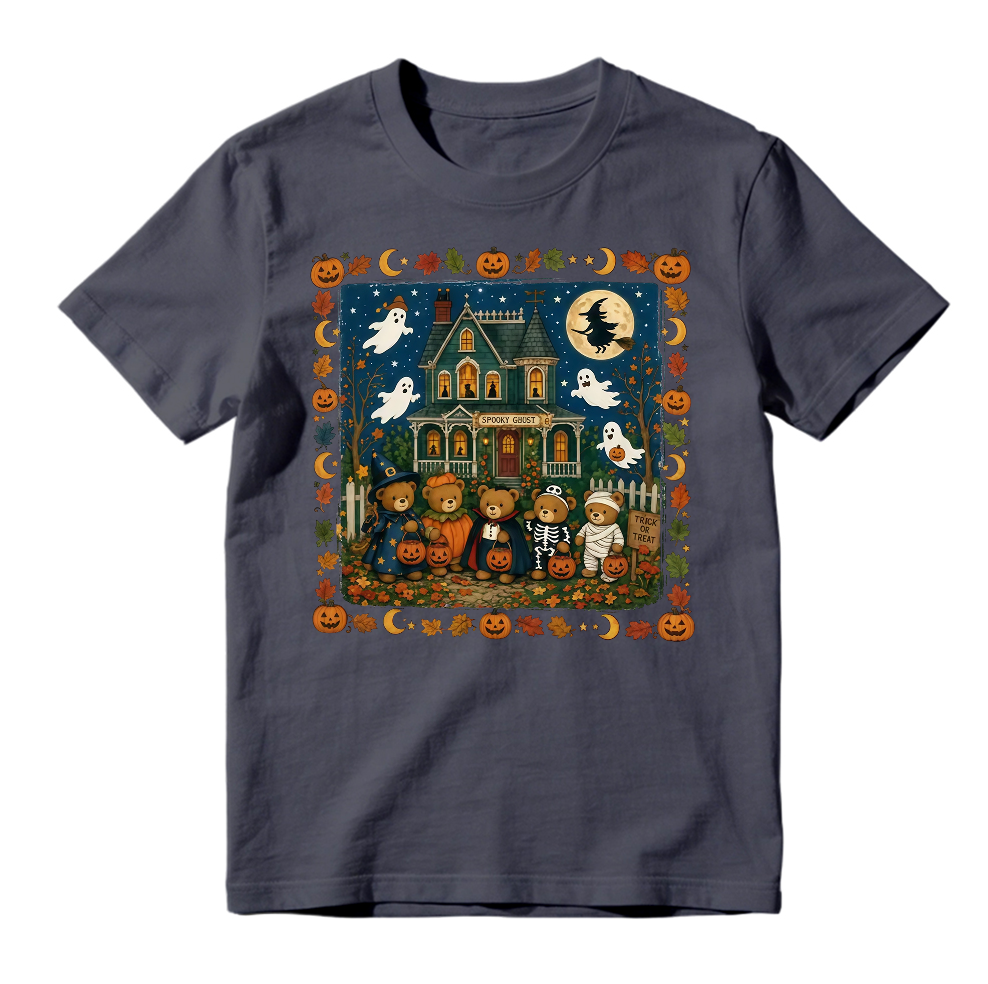 Vintage Halloween Trick Or Treat Teddy Bears T Shirt Spooky Haunted House Graphic Tee