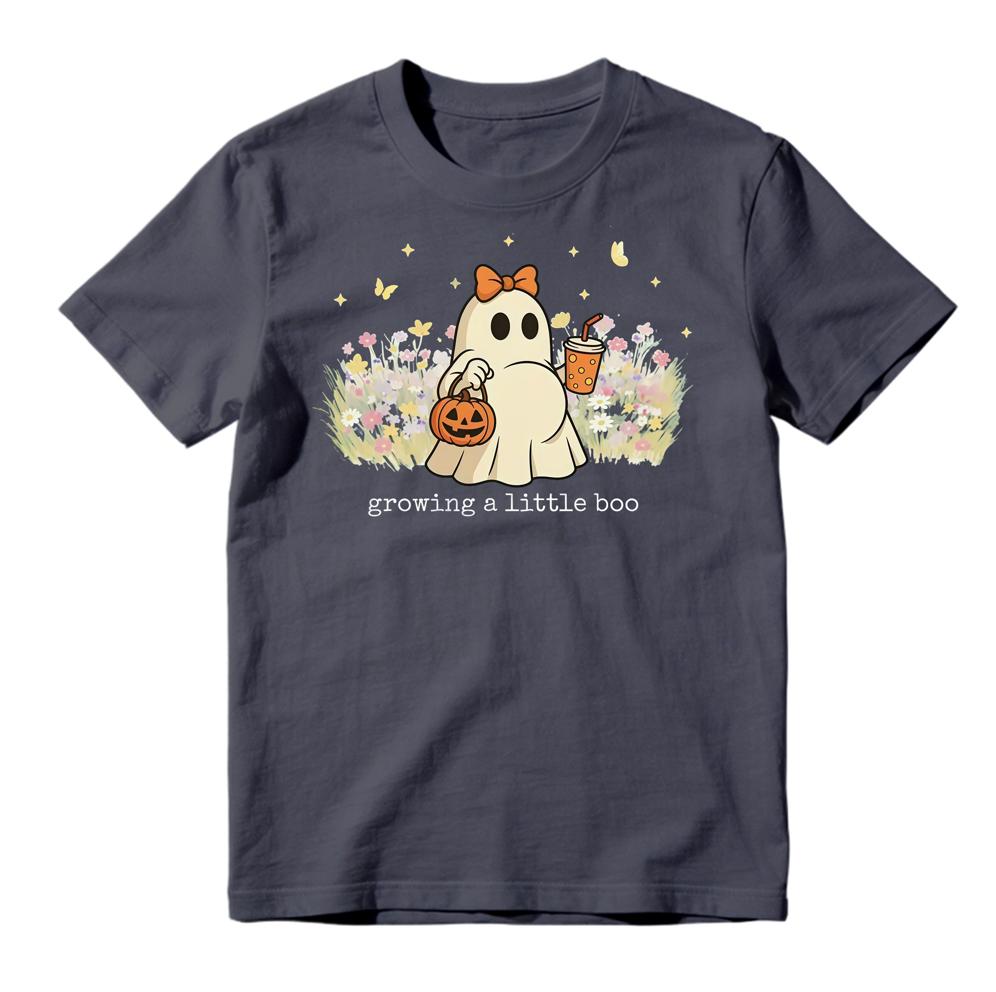 Growing A Little Boo Cute Ghost T Shirt Floral Halloween Pregnancy Graphic Tee