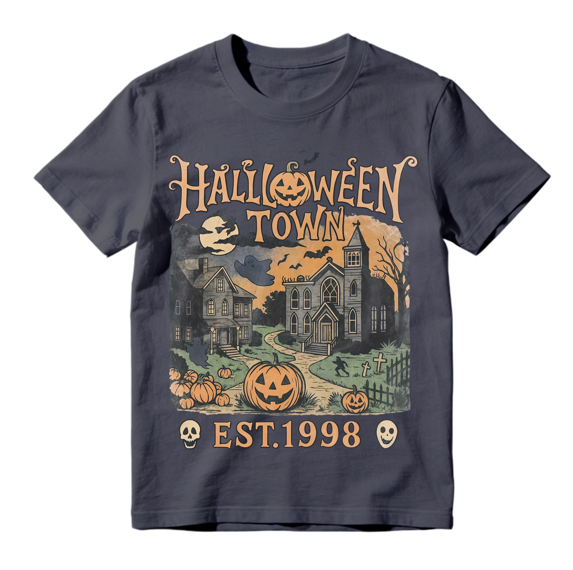 Vintage Halloween Haunted Town T Shirt Pumpkin Skull Ghost Bat Graphic Tee