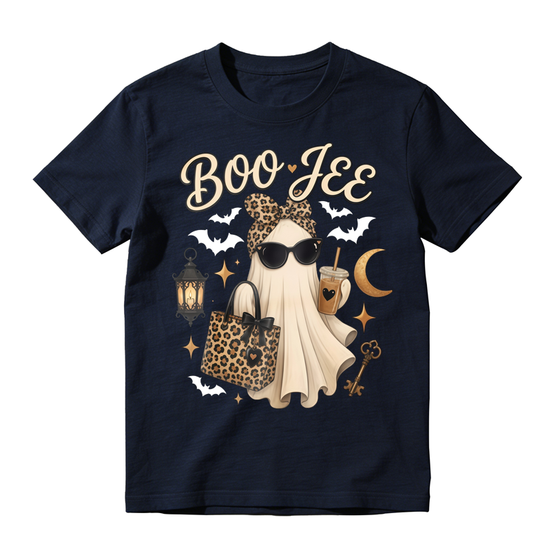 Boo Jee Leopard Print Ghost With Sunglasses And Iced Coffee Halloween Graphic T-shirt