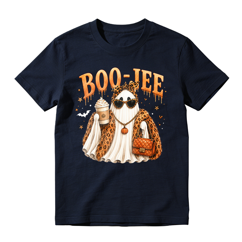 Boo Tiful Leopard Print Ghost With Sunglasses And Coffee Cup Halloween Graphic T-shirt