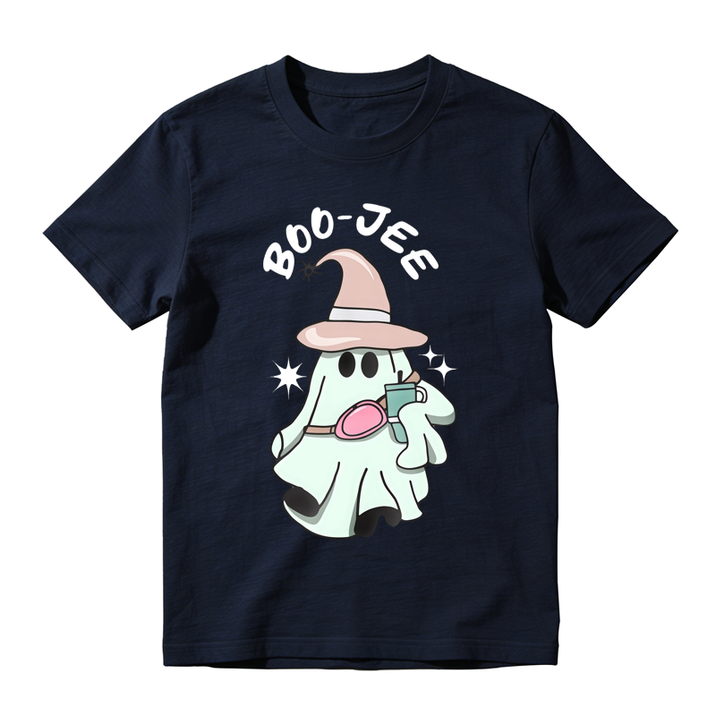 Cute Ghost Wearing Witch Hat Holding Phone Boo Jee Text Cartoon Halloween Graphic T-shirt