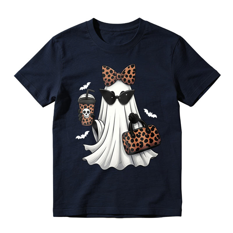 Leopard Print Ghost With Sunglasses Bow And Coffee Cup Halloween T-shirt