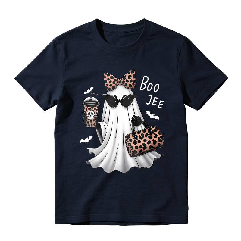 Leopard Print Ghost With Sunglasses Bow Tie Coffee Cup And Handbag Halloween Boo Tee T-shirt
