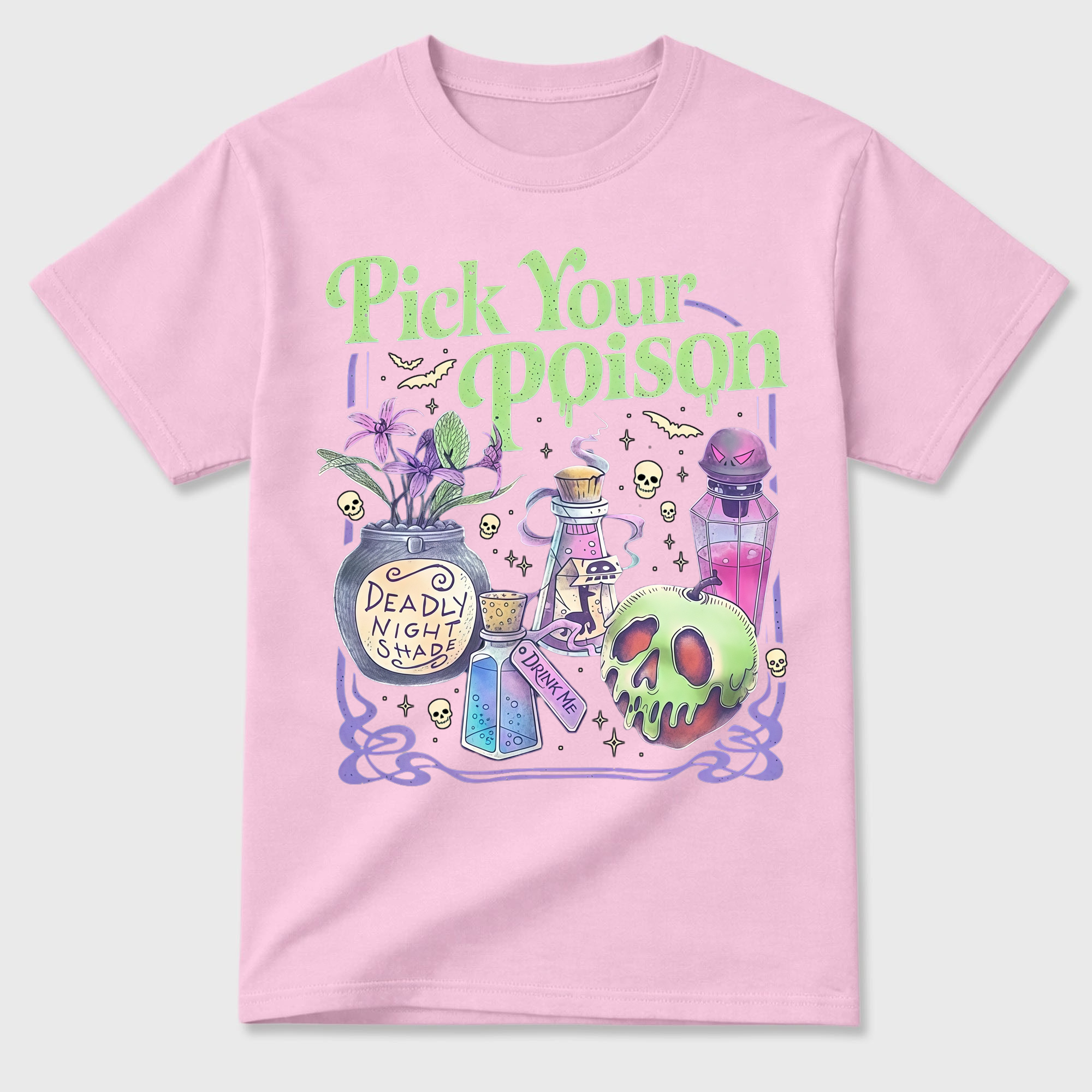 Witchy Potion Bottles Skull Apple T Shirt Pick Your Poison Halloween Tee