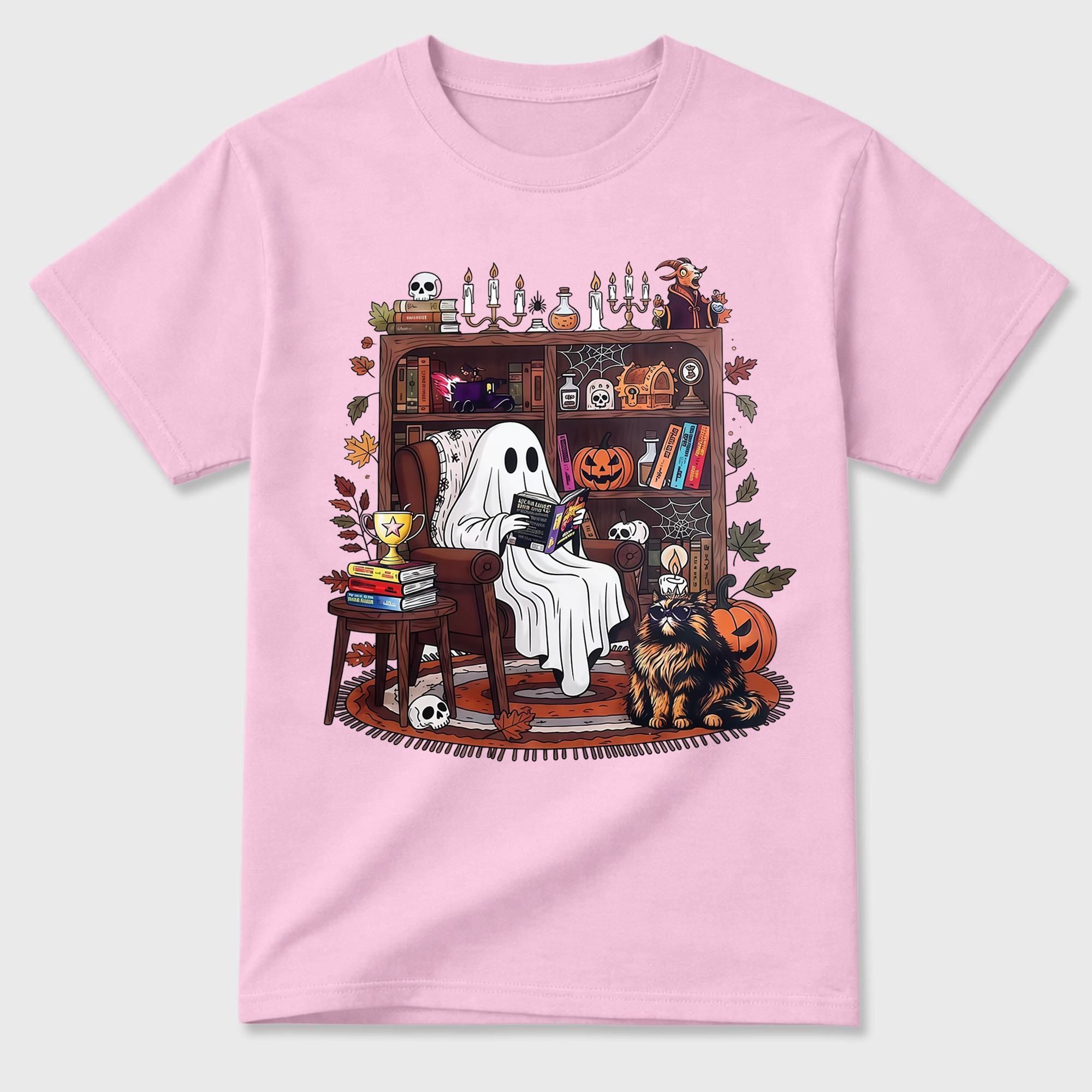 Cozy Reading Ghost With Cat And Bookshelf T Shirt Vintage Halloween Tee
