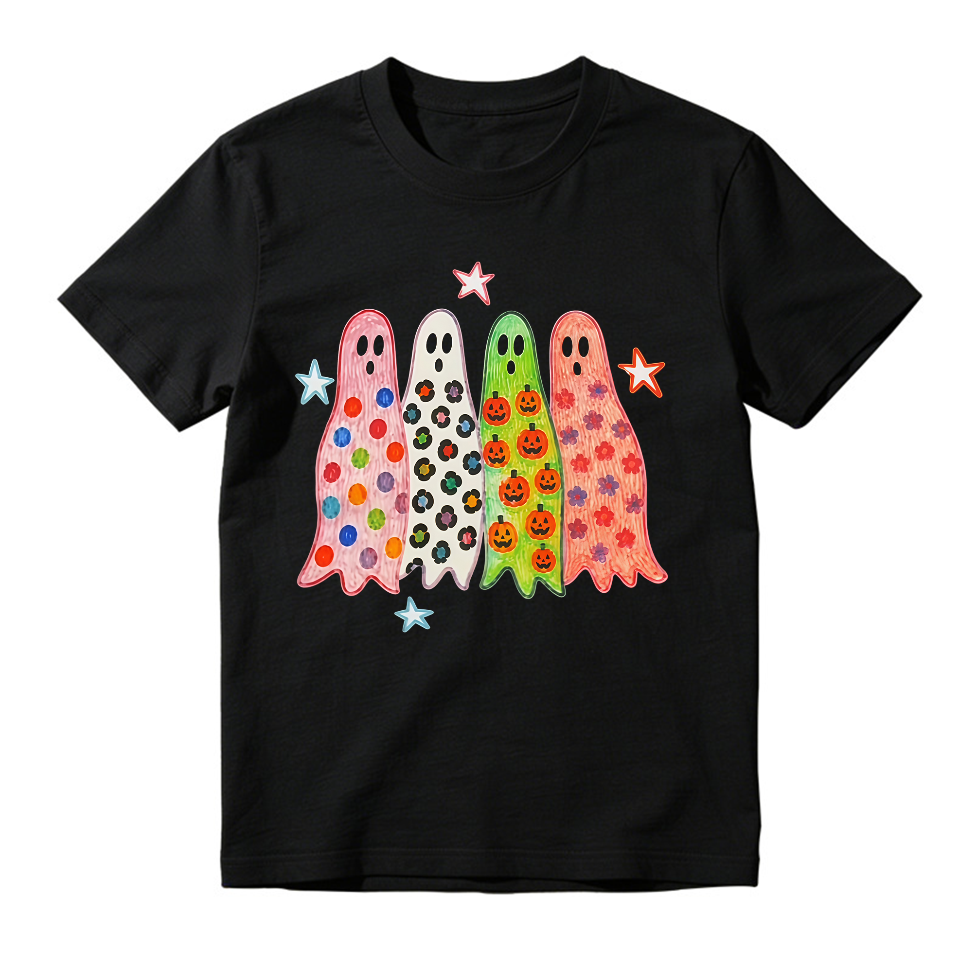 Colorful Patterned Ghosts T Shirt Cute Spooky Halloween Graphic Tee