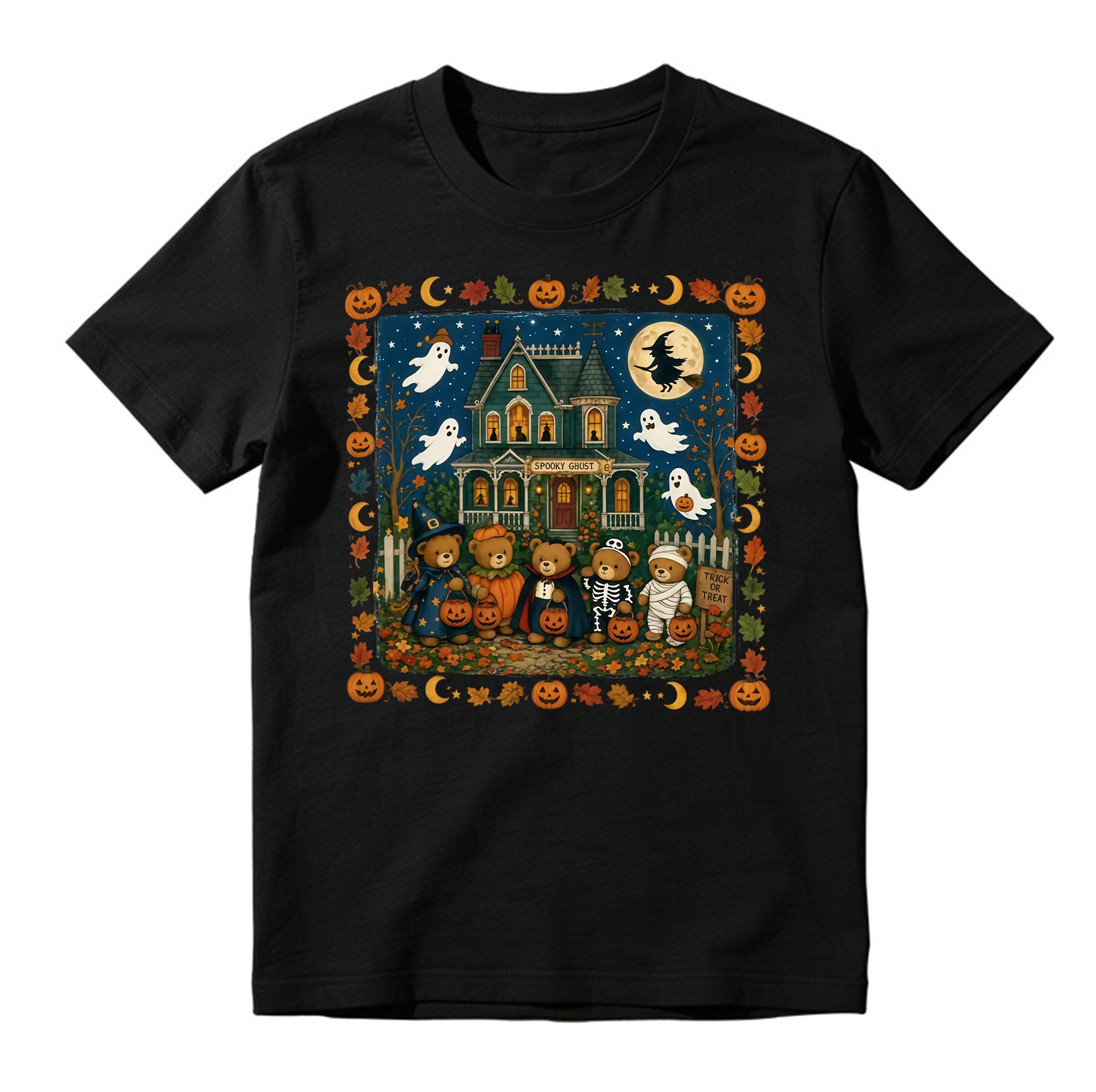 Vintage Halloween Trick Or Treat Teddy Bears T Shirt Spooky Haunted House Graphic Tee