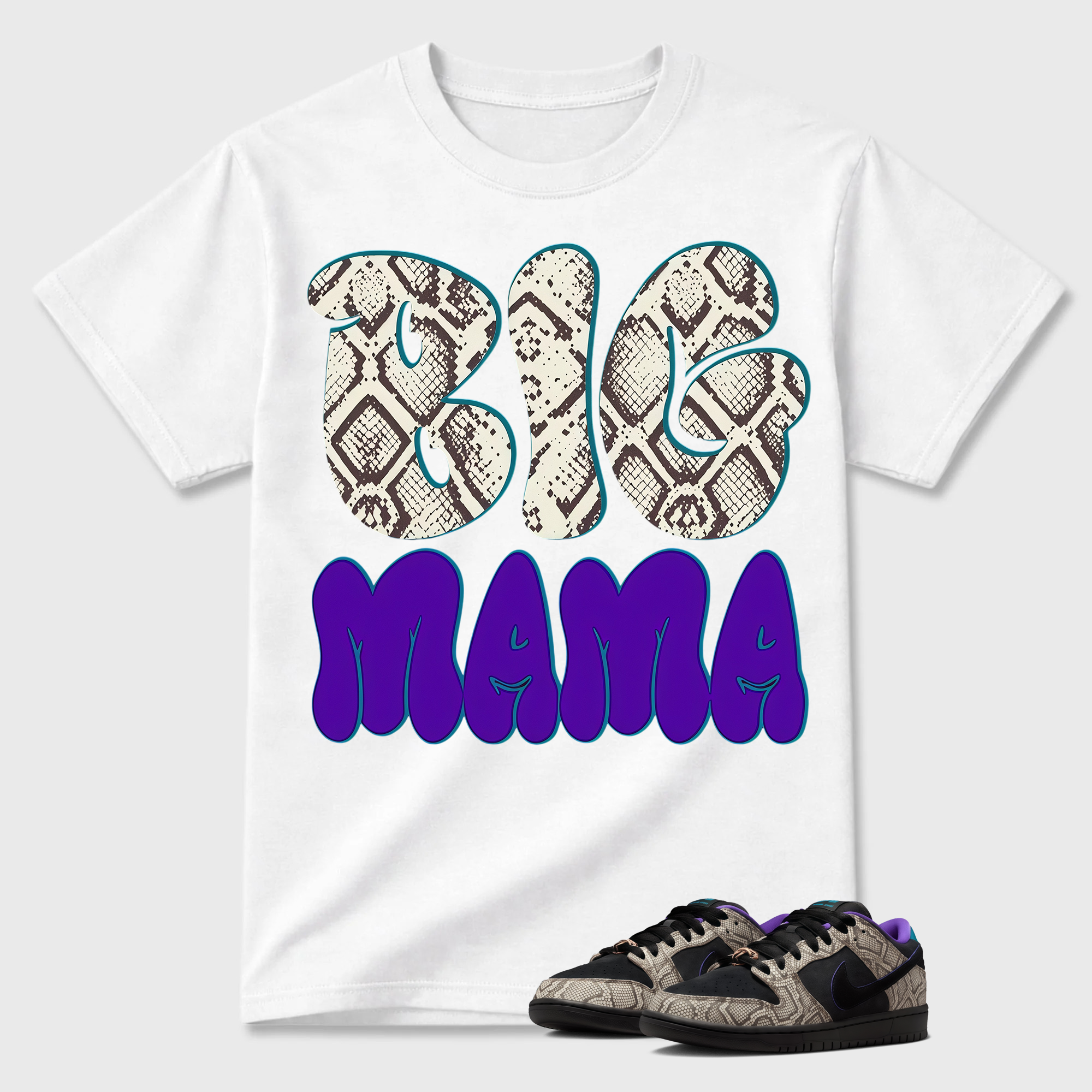 "BIG MAMA" Snake Print Bubble Letters Dunk Matching Tee