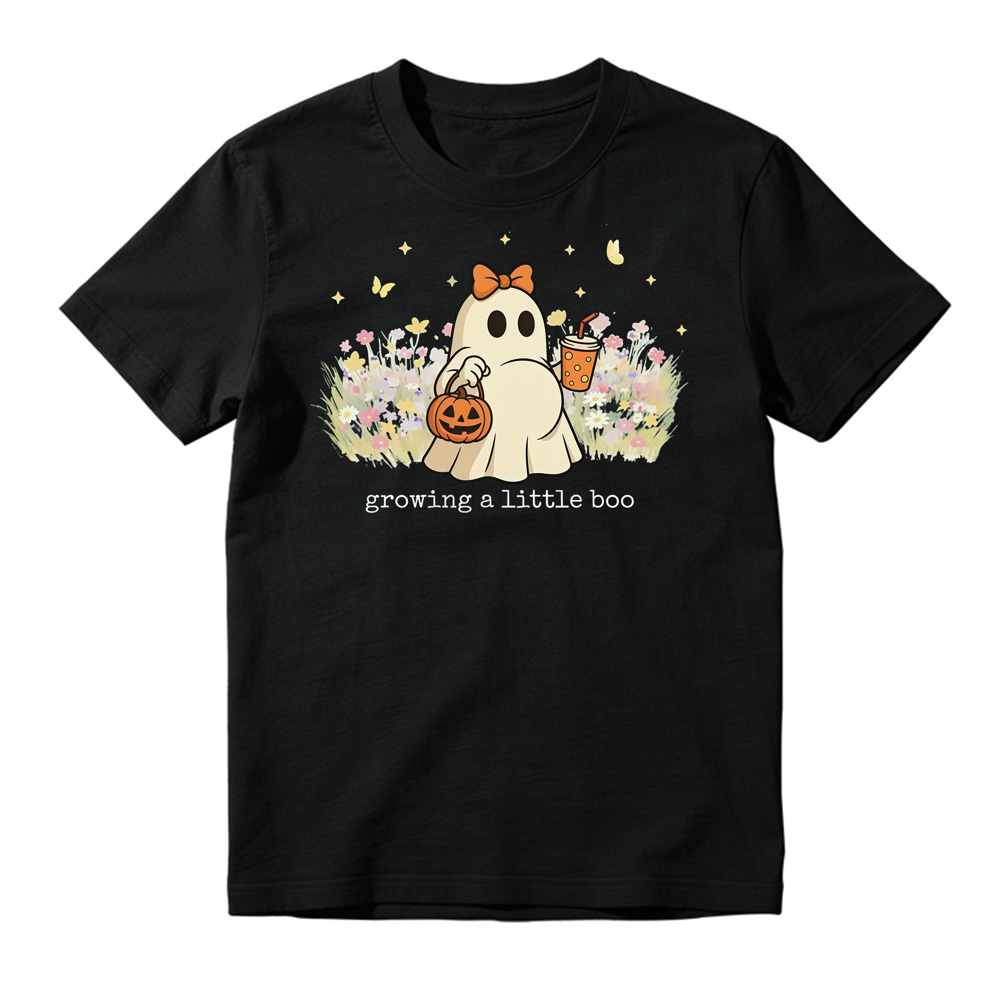 Growing A Little Boo Cute Ghost T Shirt Floral Halloween Pregnancy Graphic Tee