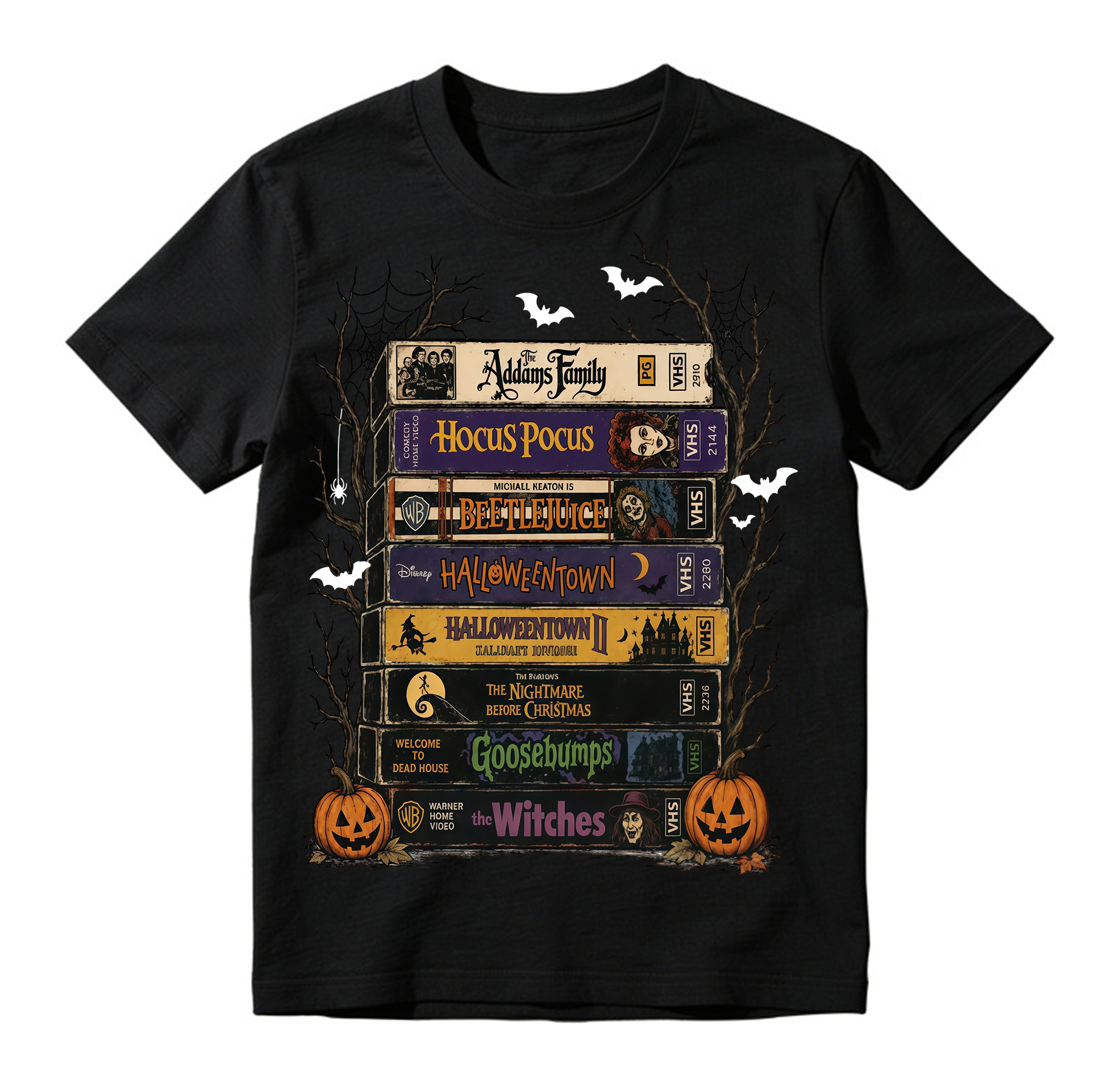 Retro Halloween VHS Tape Stack T Shirt Spooky Nostalgic Movie Graphic Tee