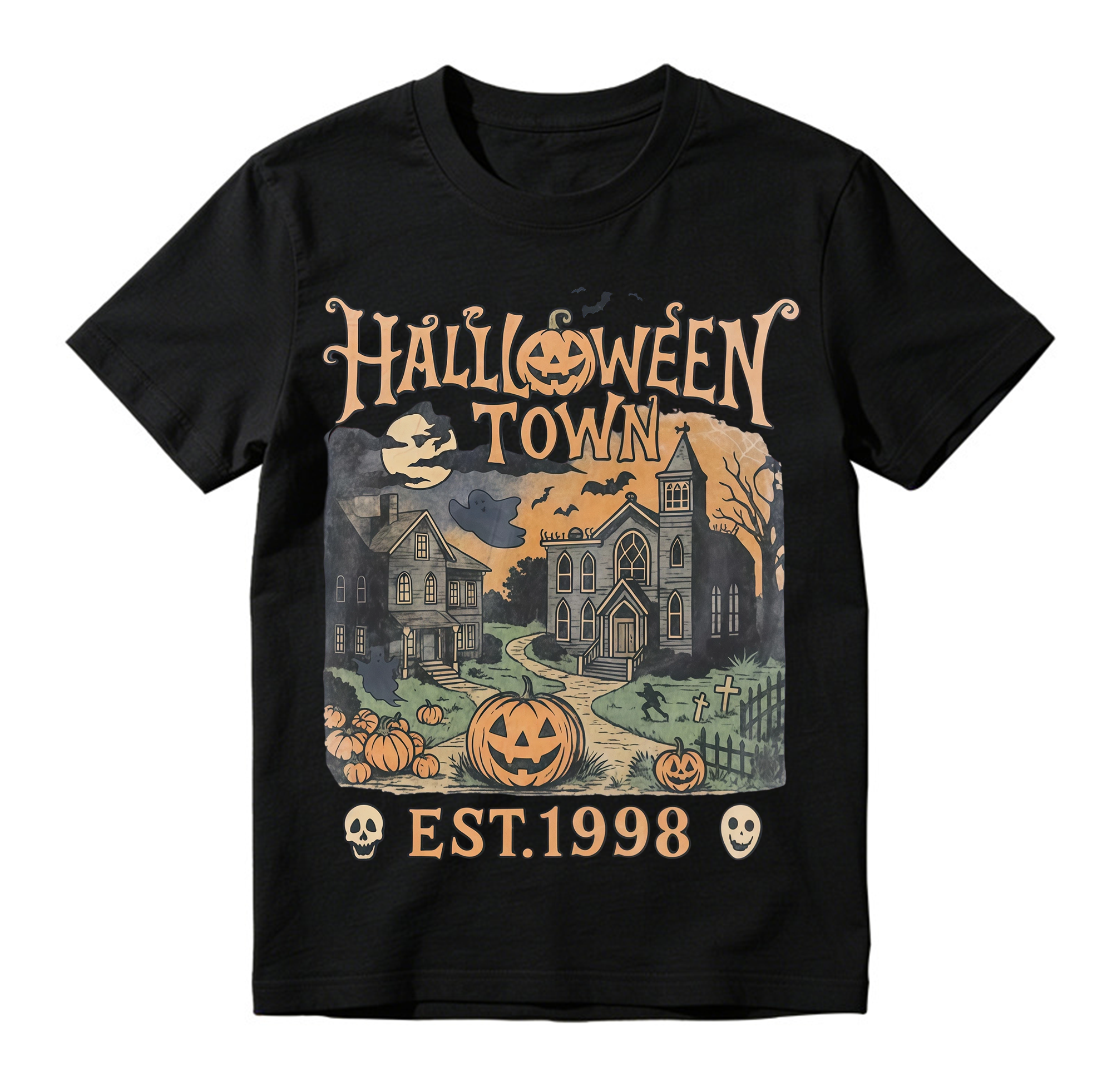 Vintage Halloween Haunted Town T Shirt Pumpkin Skull Ghost Bat Graphic Tee