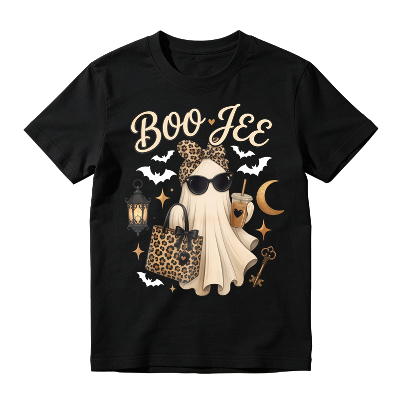Boo Jee Leopard Print Ghost With Sunglasses And Iced Coffee Halloween Graphic T-shirt