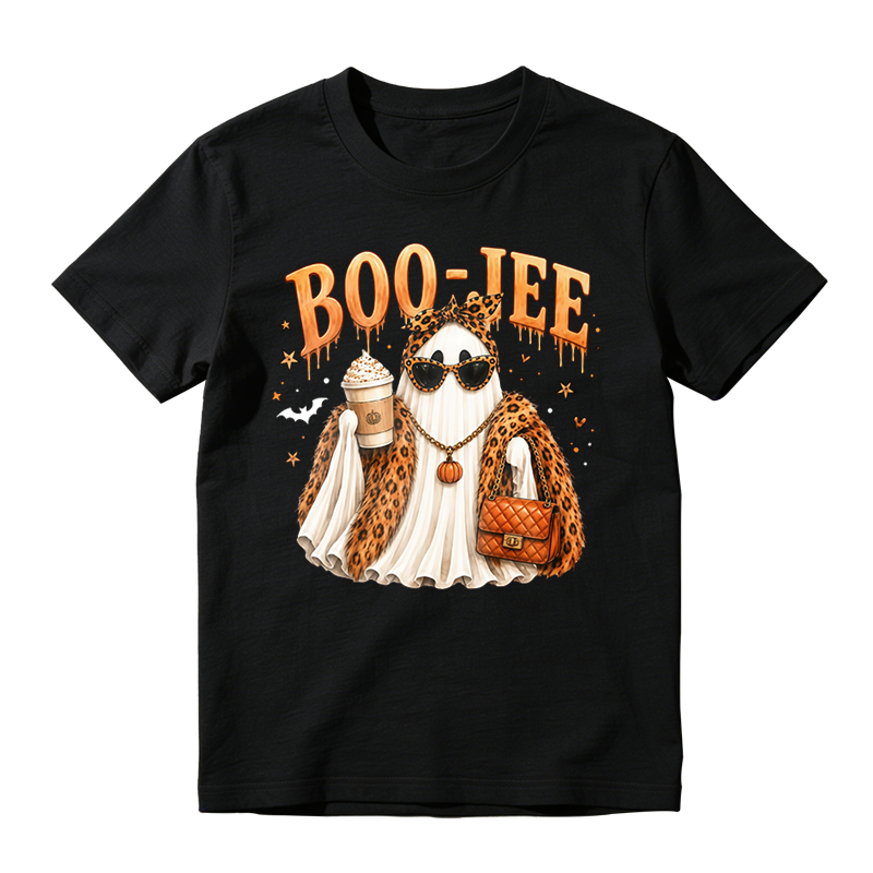 Boo Tiful Leopard Print Ghost With Sunglasses And Coffee Cup Halloween Graphic T-shirt