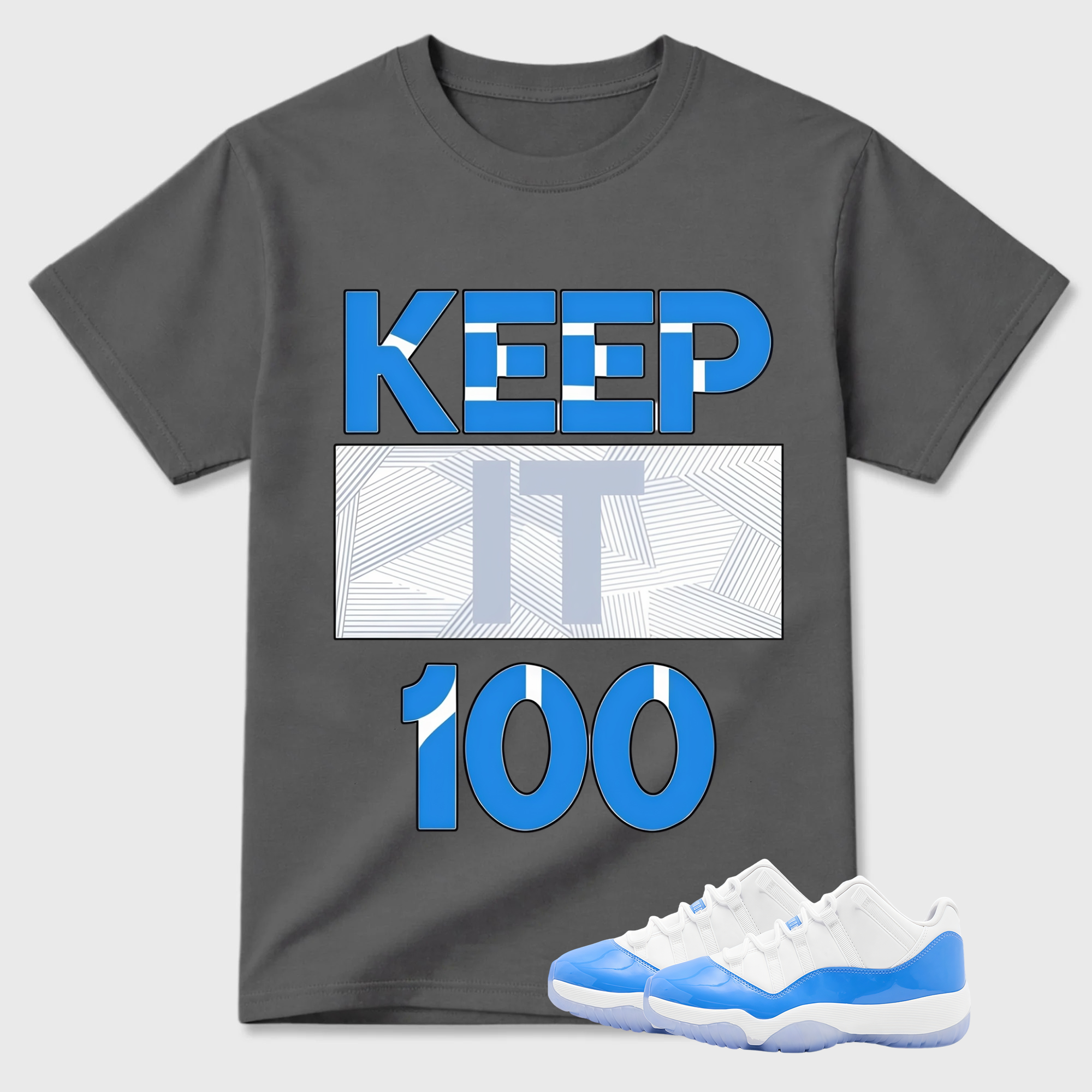 "Keep It 100" Blue Geometric Pattern Air Jordan 11 Pairing Tee
