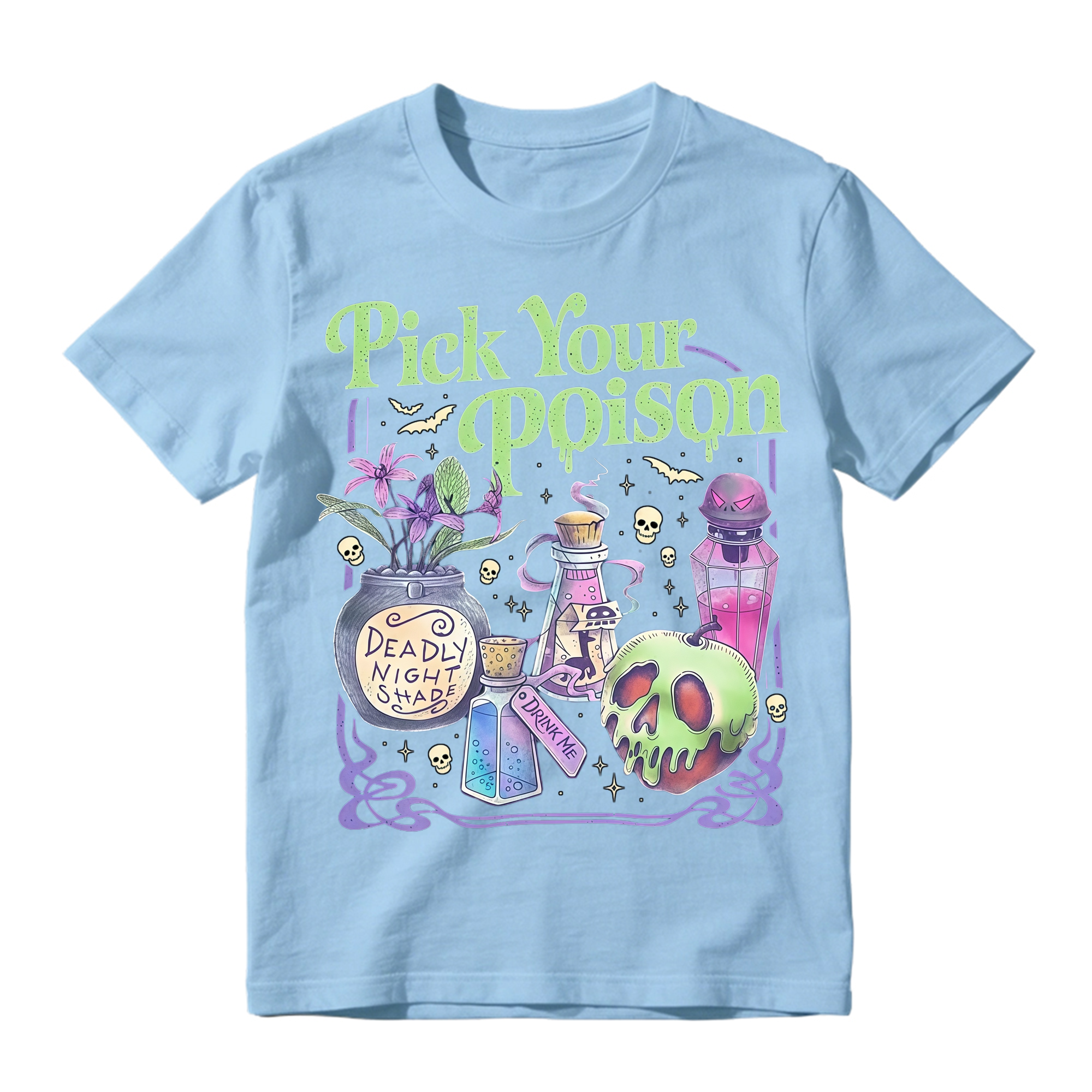 Witchy Potion Bottles Skull Apple T Shirt Pick Your Poison Halloween Tee