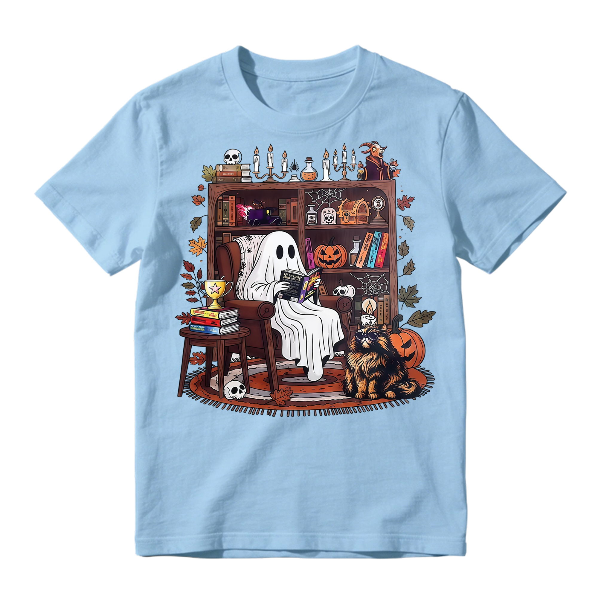 Cozy Reading Ghost With Cat And Bookshelf T Shirt Vintage Halloween Tee
