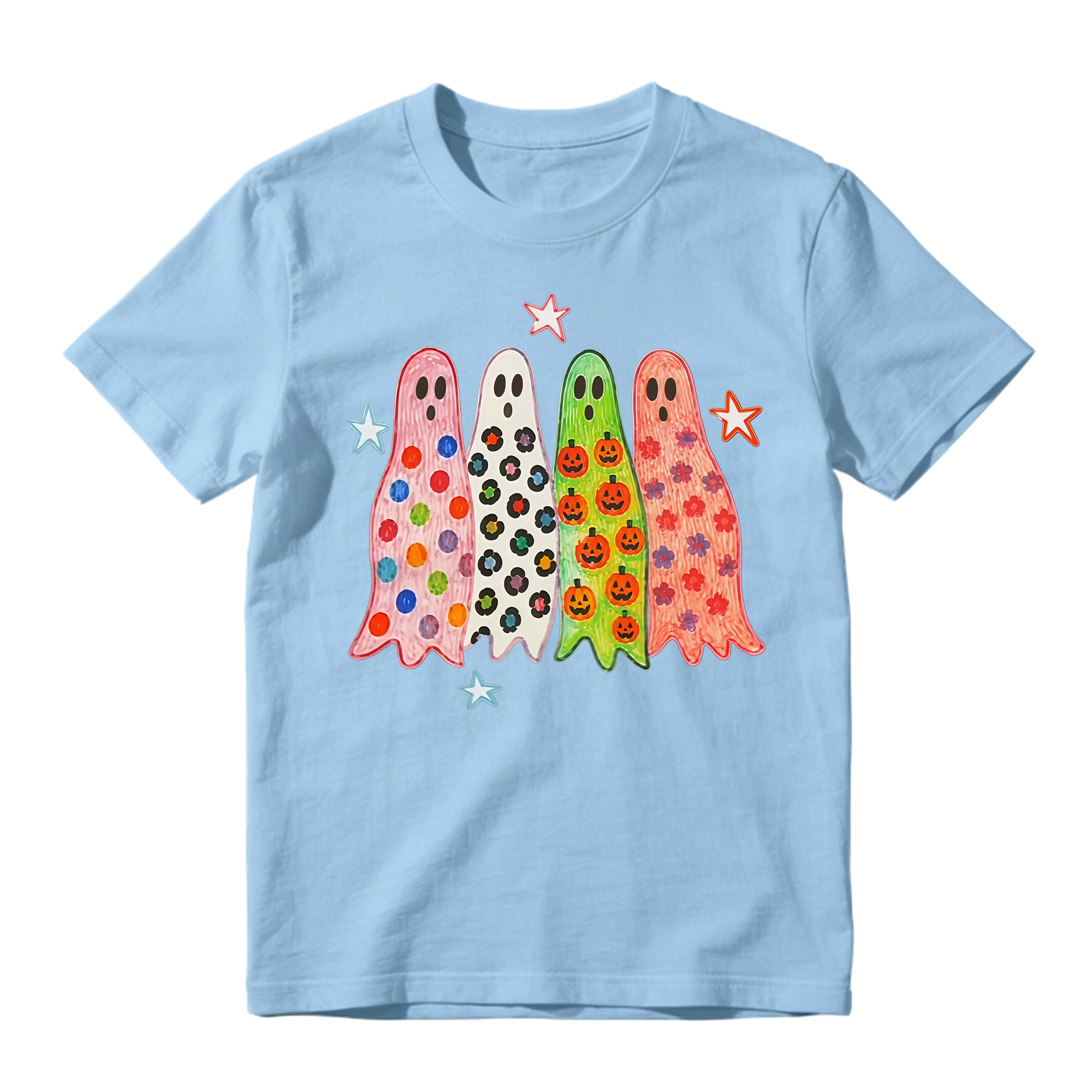 Colorful Patterned Ghosts T Shirt Cute Spooky Halloween Graphic Tee