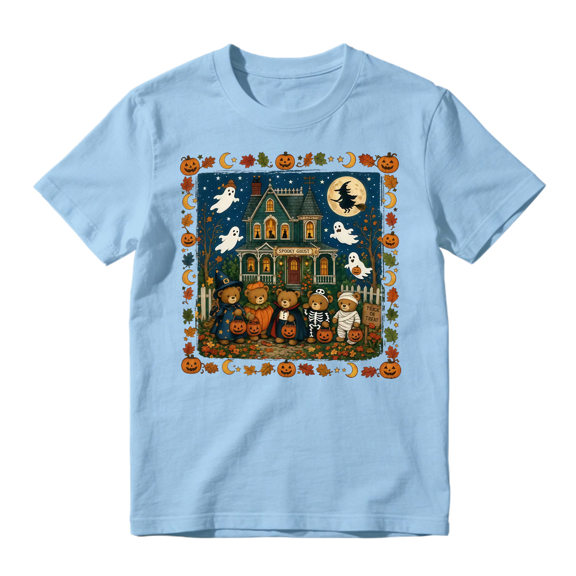 Vintage Halloween Trick Or Treat Teddy Bears T Shirt Spooky Haunted House Graphic Tee