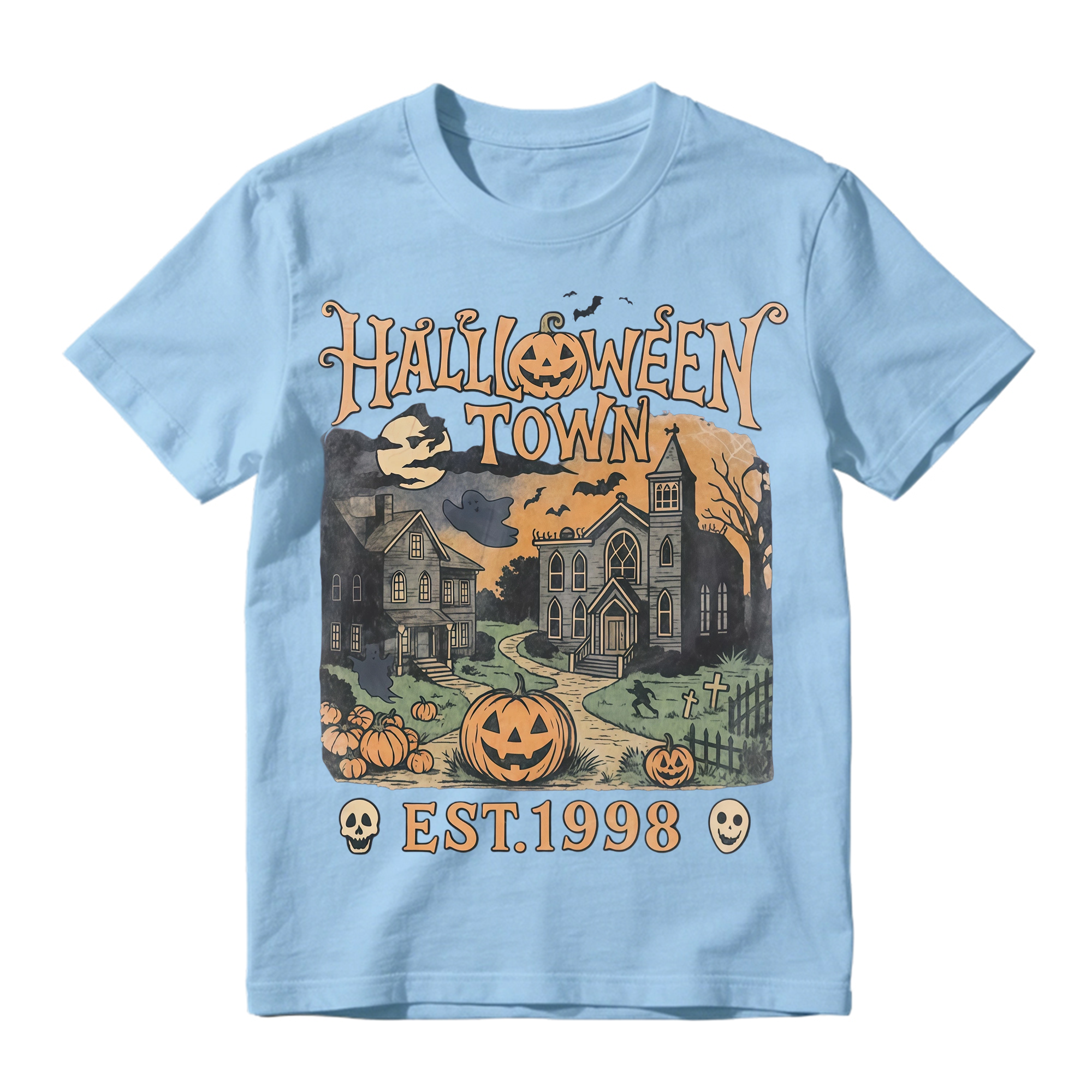 Vintage Halloween Haunted Town T Shirt Pumpkin Skull Ghost Bat Graphic Tee