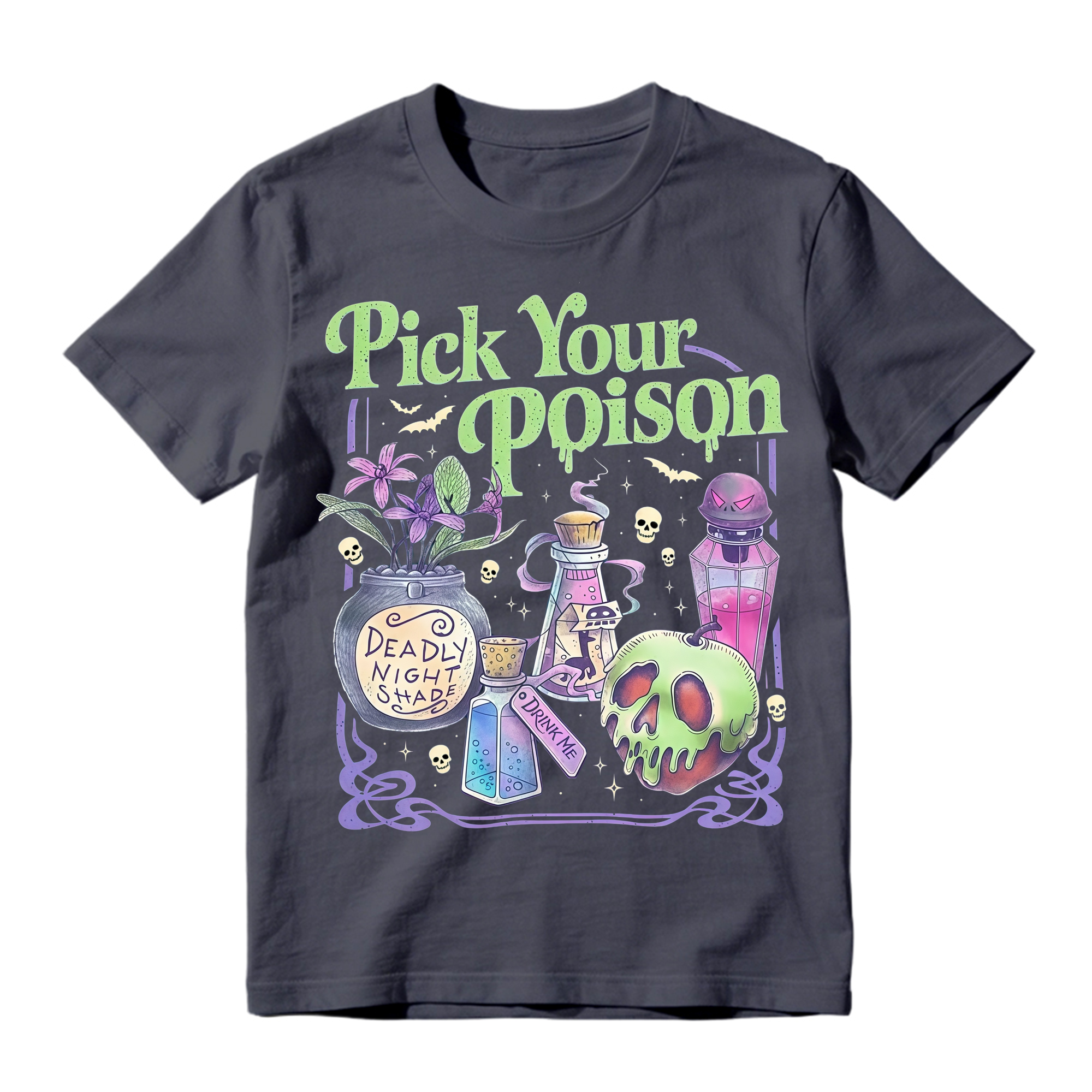 Witchy Potion Bottles Skull Apple T Shirt Pick Your Poison Halloween Tee