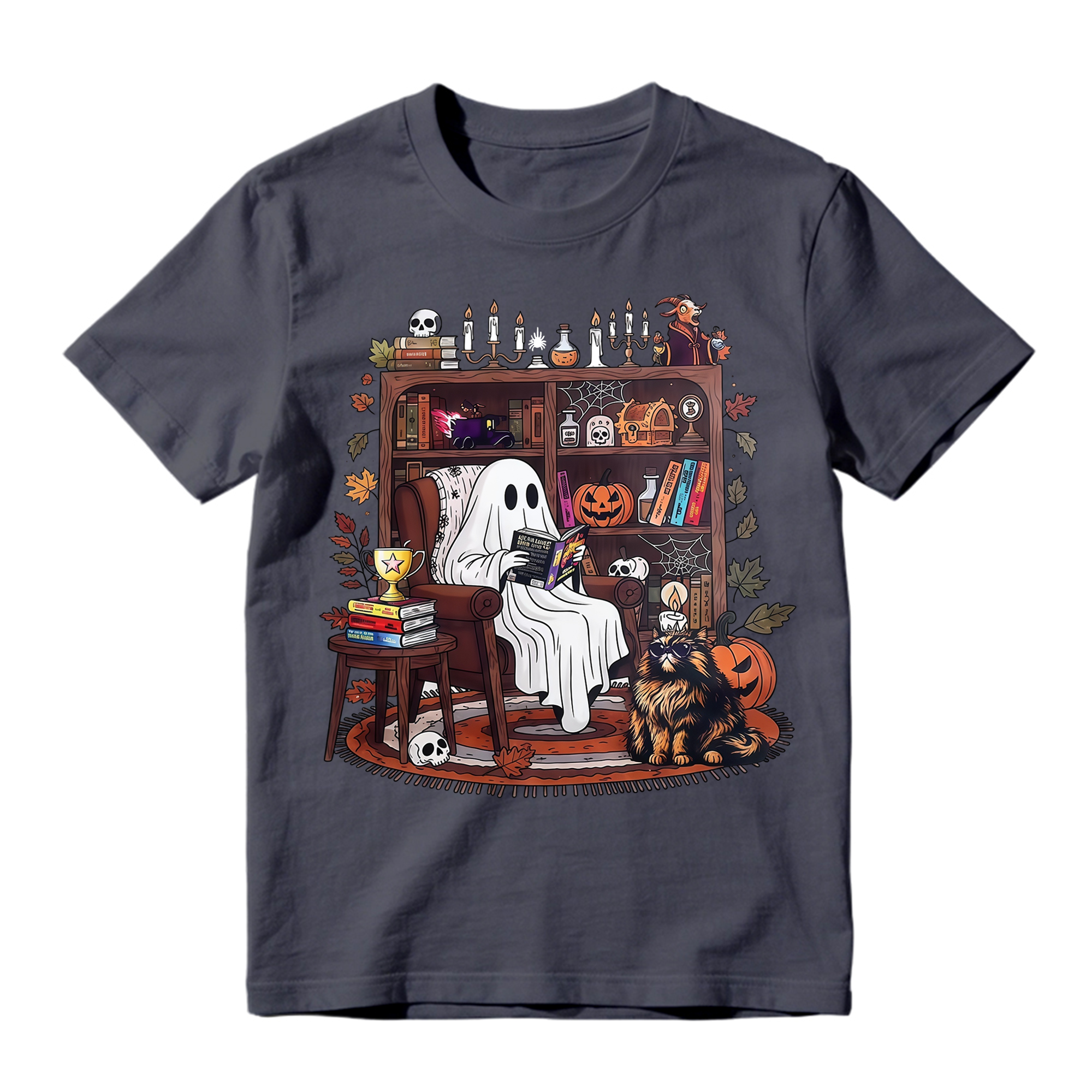 Cozy Reading Ghost With Cat And Bookshelf T Shirt Vintage Halloween Tee