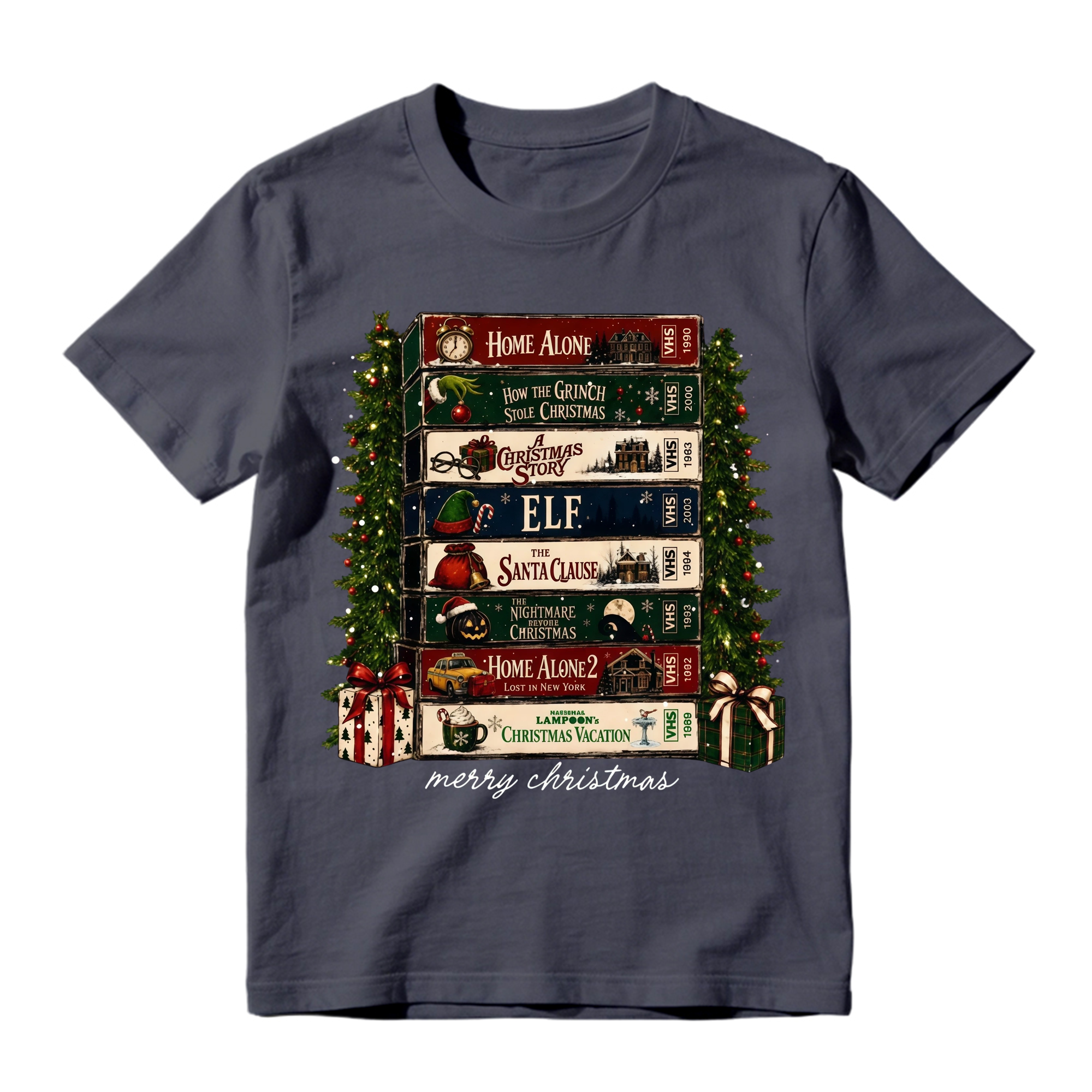 Vintage Christmas Retro Video Tape Stack T Shirt Merry Holiday Graphic Tee