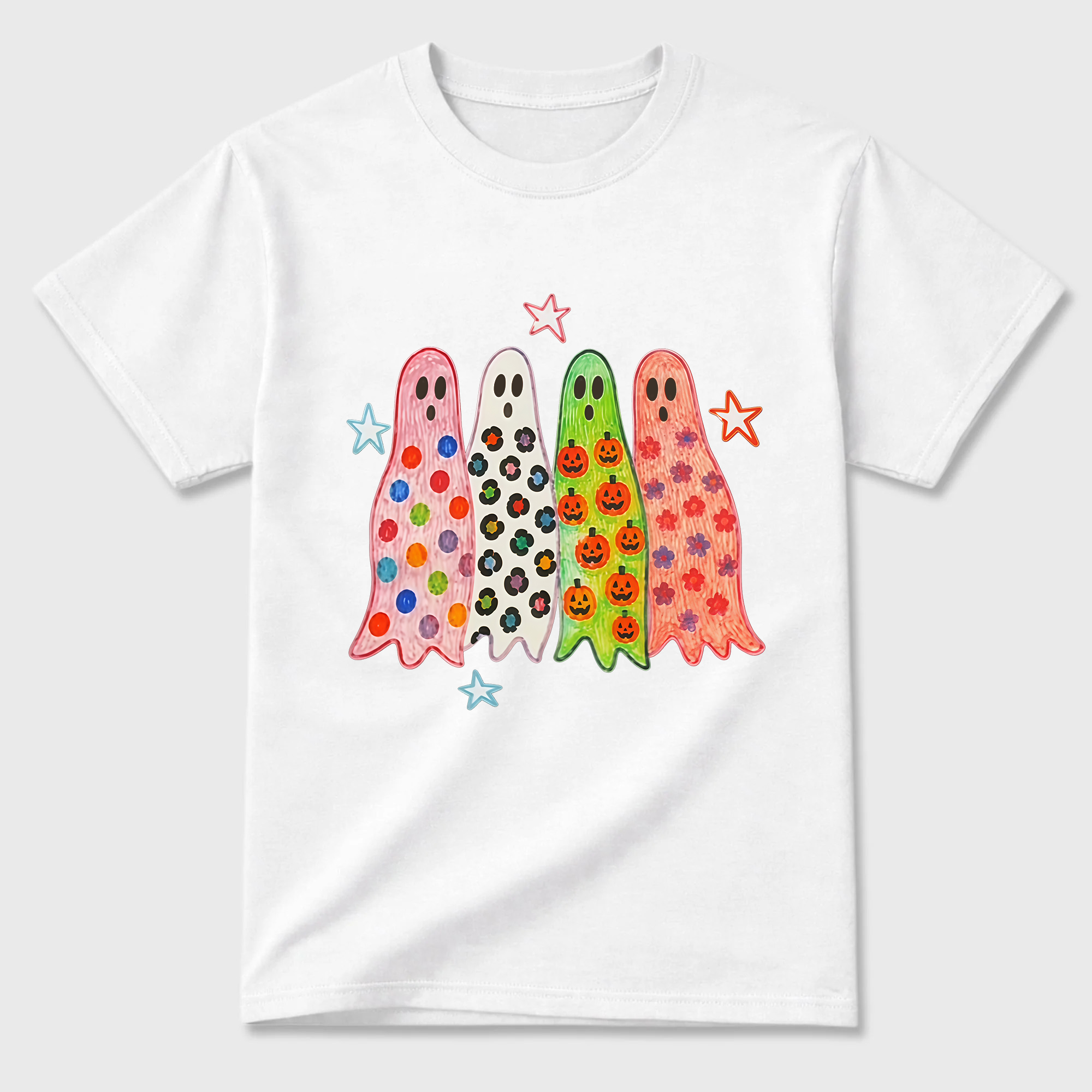 Colorful Patterned Ghosts T Shirt Cute Spooky Halloween Graphic Tee