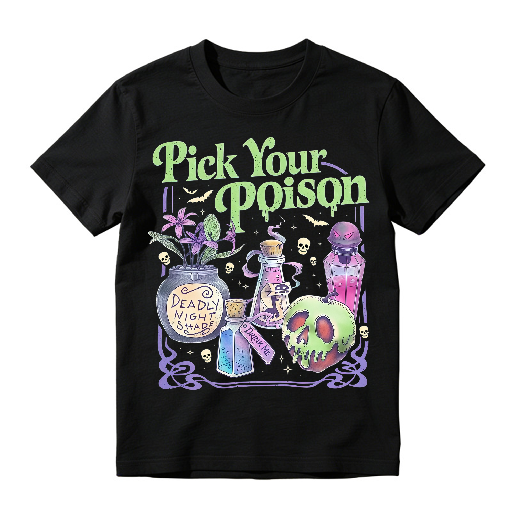 Witchy Potion Bottles Skull Apple T Shirt Pick Your Poison Halloween Tee
