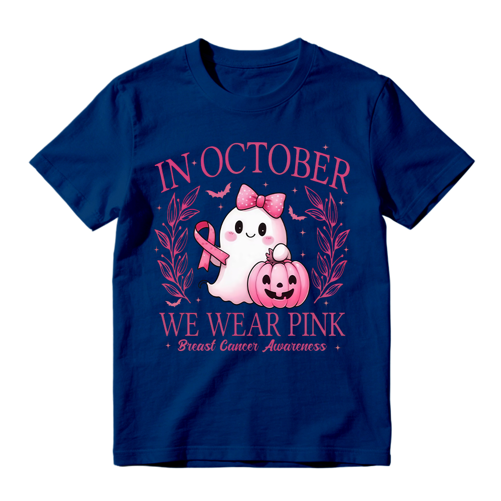 In October We Wear Pink Shirt, Retro Breast Cancer Awareness Shirt, Halloween Pink Ghost , Breast Cancer Halloween Unisex