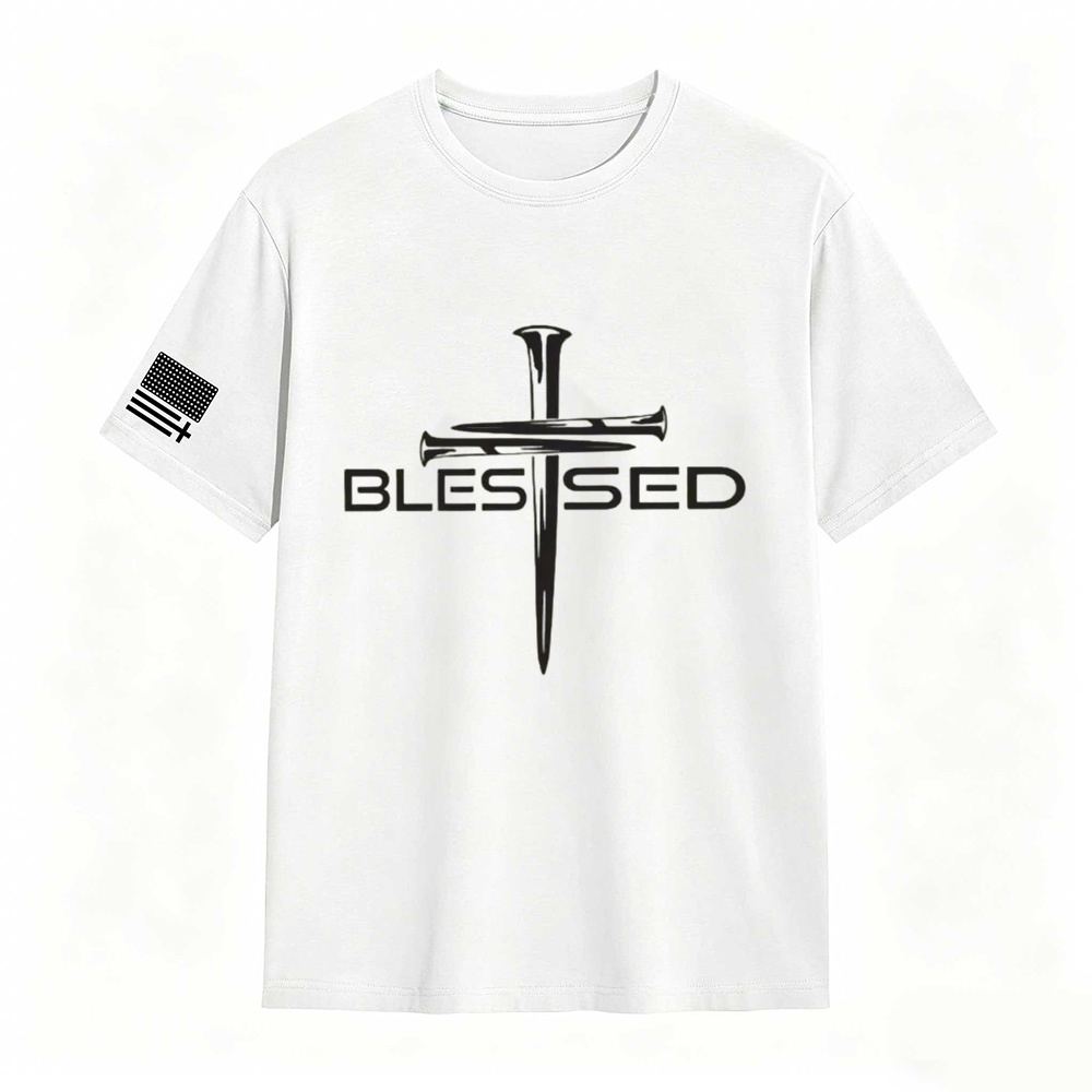 Mens Christian Shirt Nail Cross Blessed Short Sleeve T-shirt Graphic Tee