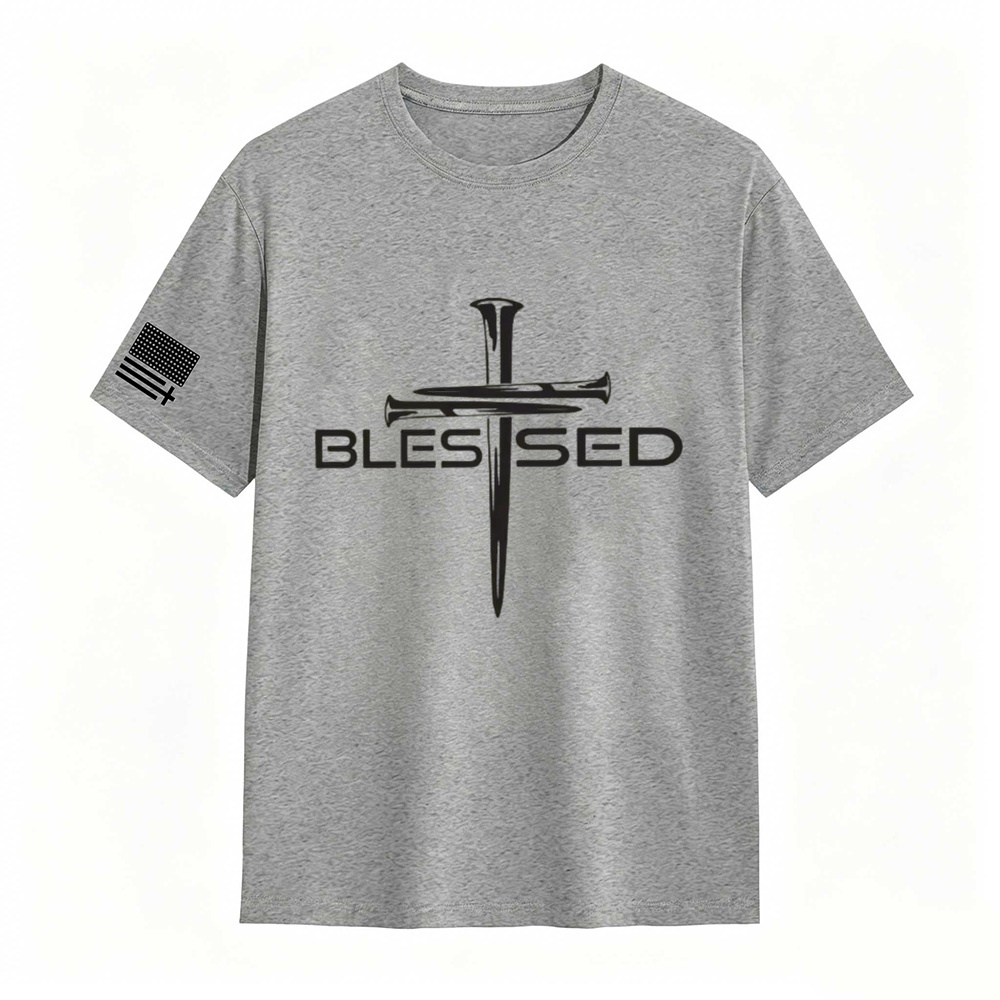 Mens Christian Shirt Nail Cross Blessed Short Sleeve T-shirt Graphic Tee