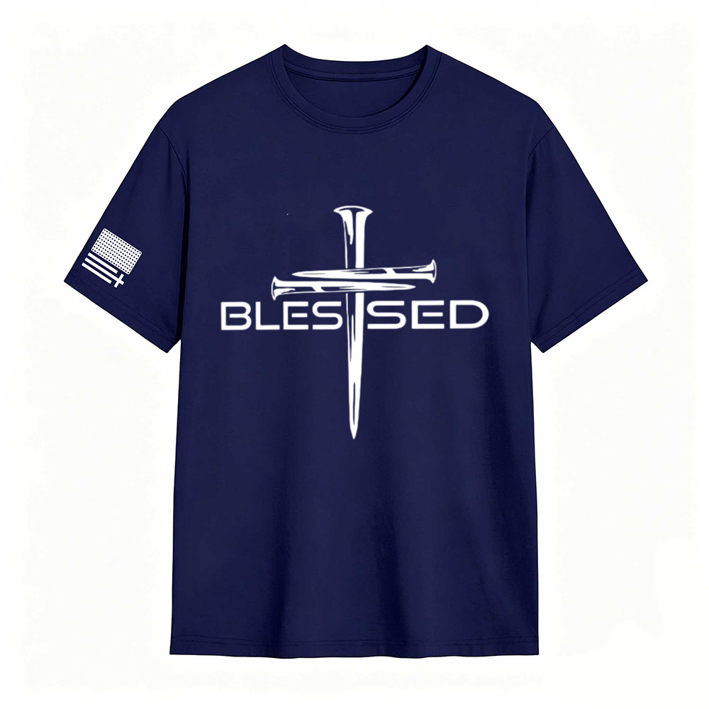 Mens Christian Shirt Nail Cross Blessed Short Sleeve T-shirt Graphic Tee