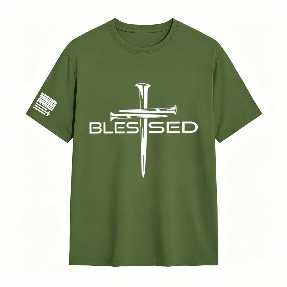 Mens Christian Shirt Nail Cross Blessed Short Sleeve T-shirt Graphic Tee