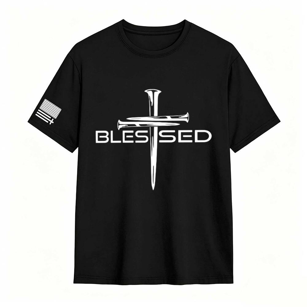 Mens Christian Shirt Nail Cross Blessed Short Sleeve T-shirt Graphic Tee