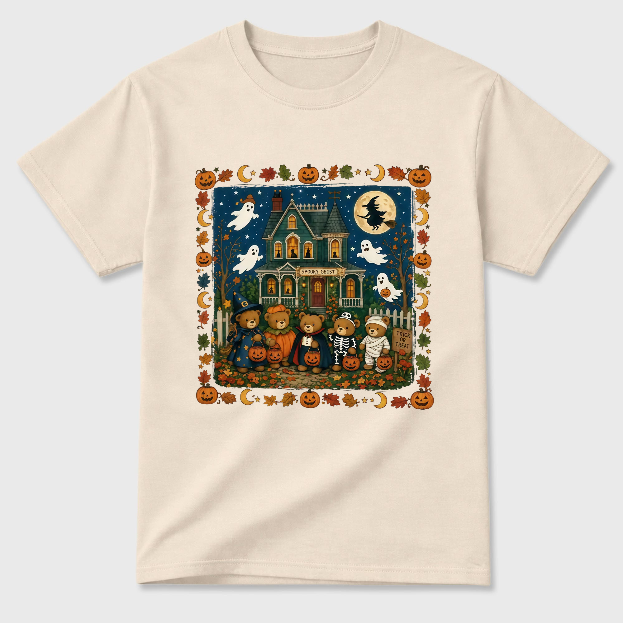 Vintage Halloween Trick Or Treat Teddy Bears T Shirt Spooky Haunted House Graphic Tee