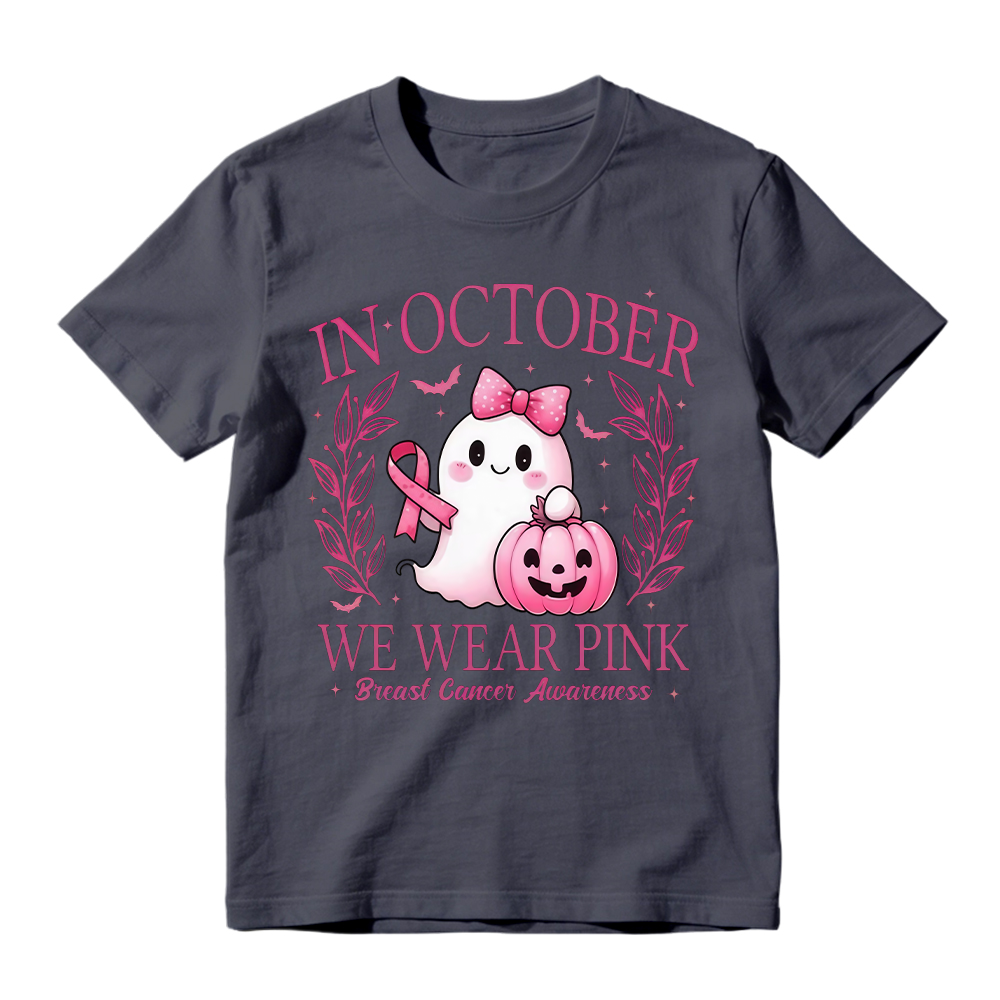 In October We Wear Pink Shirt, Retro Breast Cancer Awareness Shirt, Halloween Pink Ghost , Breast Cancer Halloween Unisex