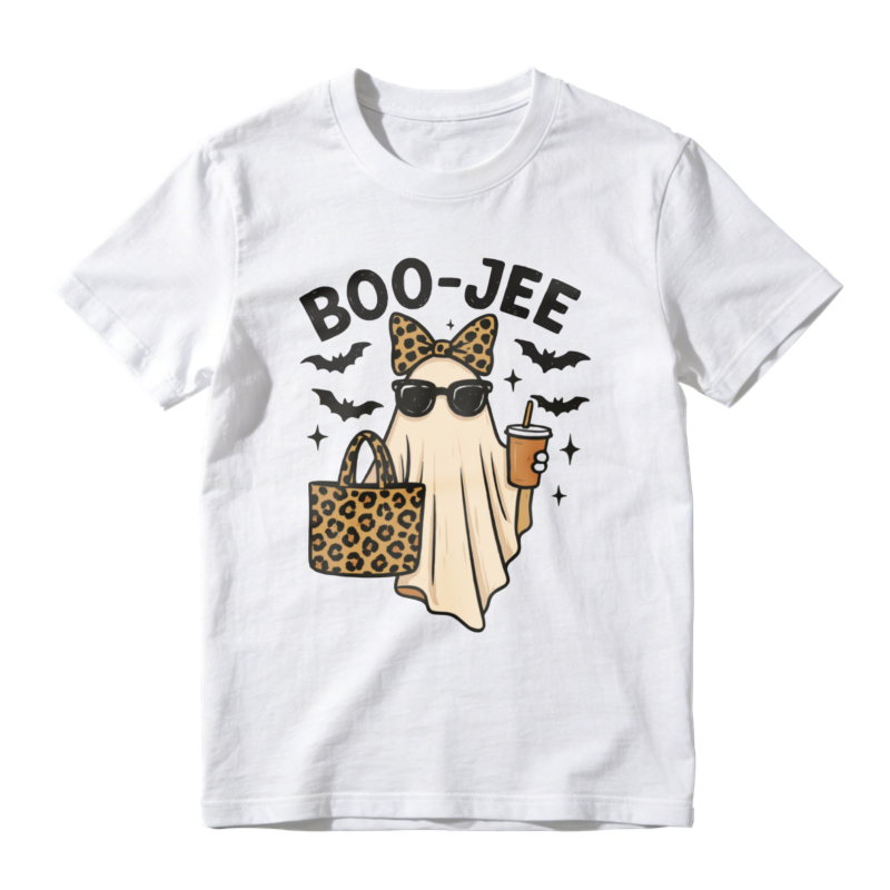 Boo Jee Leopard Print Ghost With Sunglasses And Coffee Cup Halloween Funny T-shirt