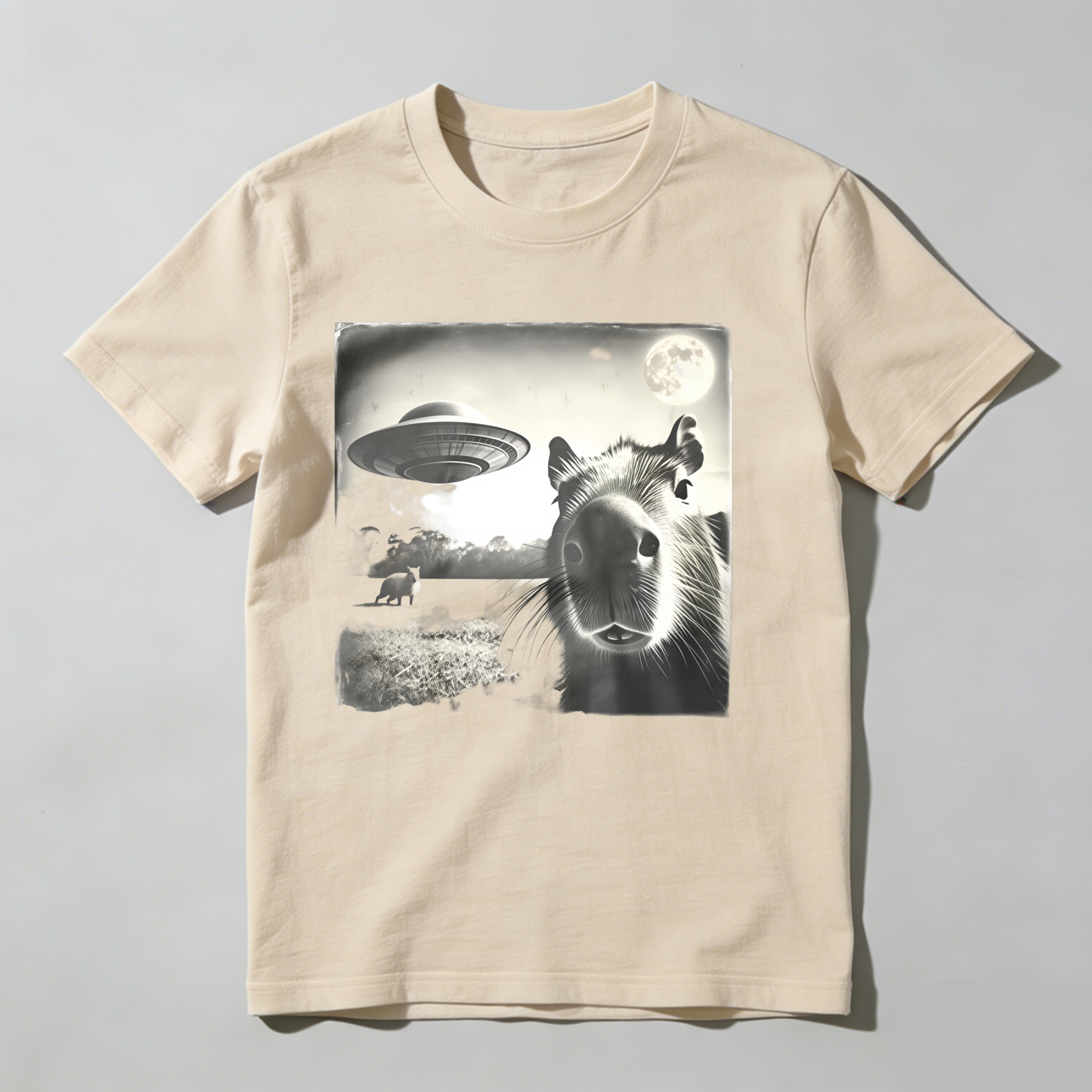 Capybara Ufo Moon Landscape Night Scene tshirt 100% cotton