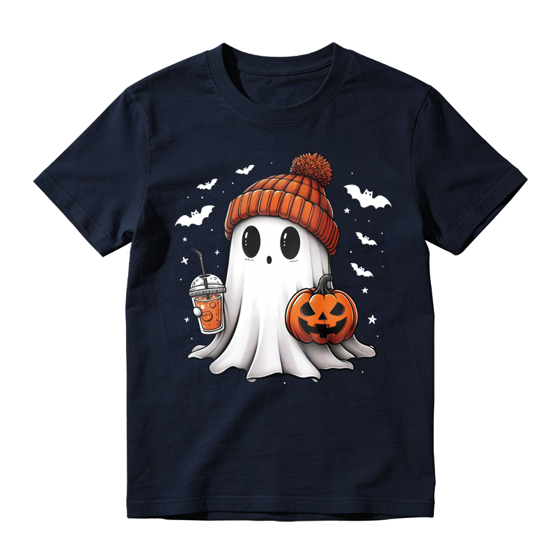 Cute Ghost Wearing Orange Beanie Holding Pumpkin And Drink Halloween T-shirt