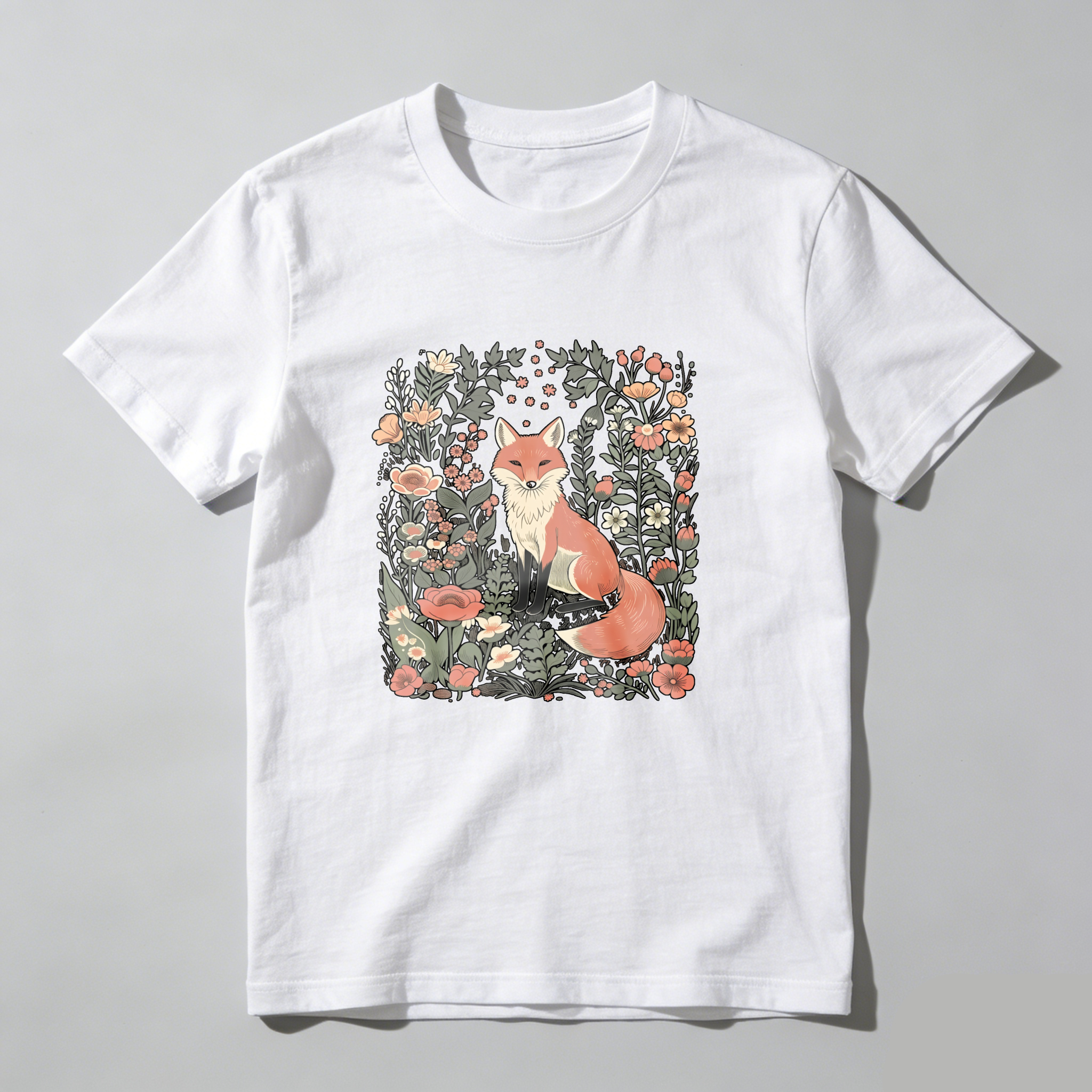Fox Surrounded By Flowers And Leaves tshirt 100% cotton