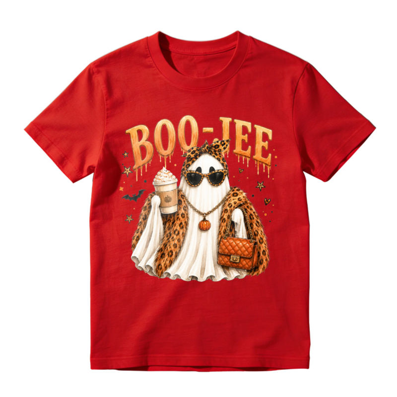 Boo Jee Leopard Print Ghost With Sunglasses Coffee And Handbag Halloween T-shirt