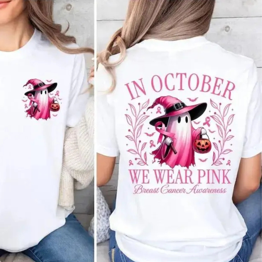In October We Wear Pink Ghost Graphic T‑Shirt, Breast Cancer Awareness Tee