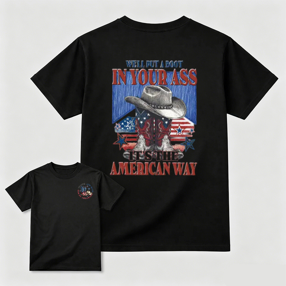 Sketch Style Cowboy Hat Boots American Flag Star Patriotic Graphic T-Shirt