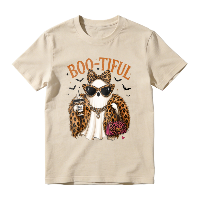 Boo Tiful Leopard Print Ghost With Sunglasses And Coffee Cup Halloween Graphic T-shirt