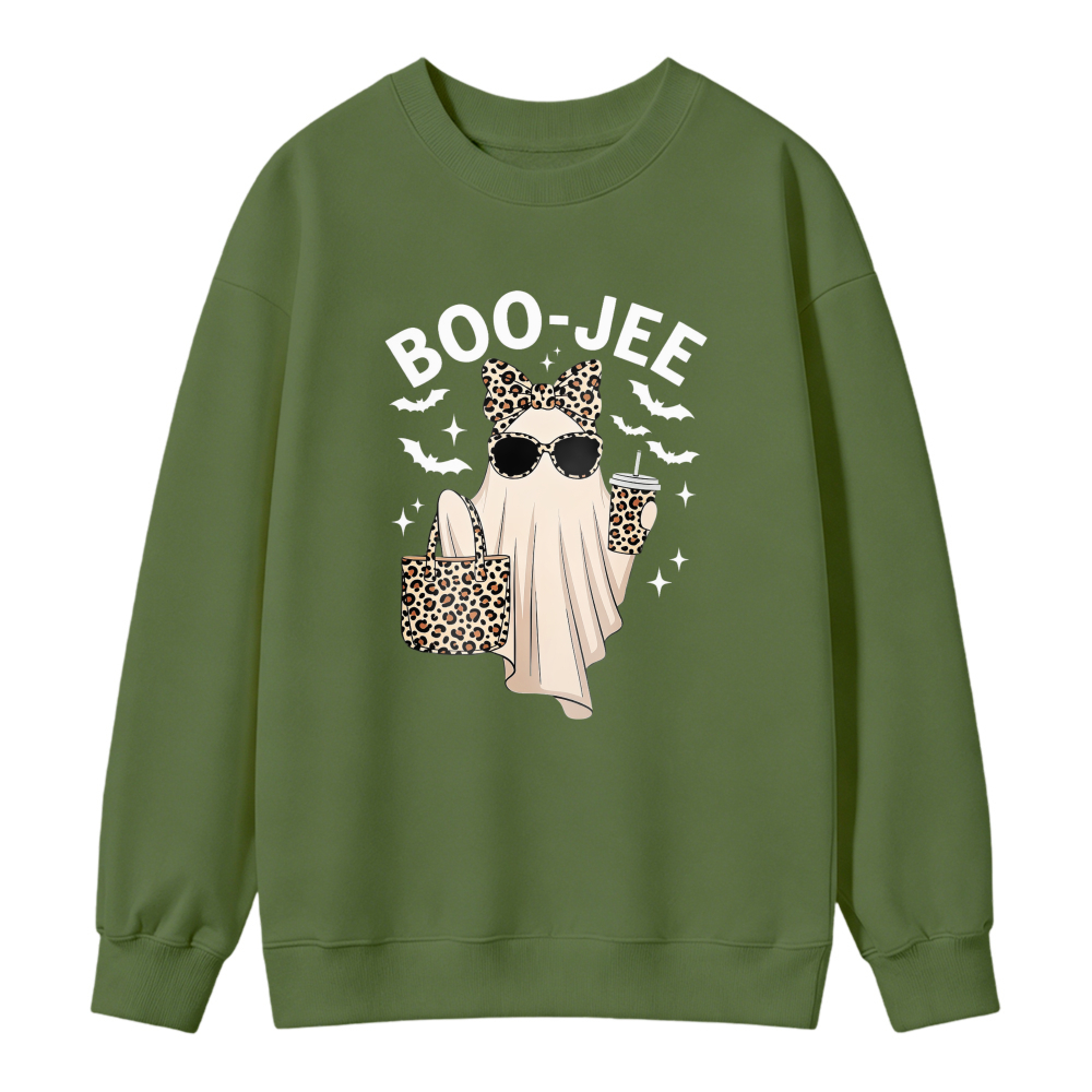 Boo Jee Funny Ghost With Leopard Print Bow Sunglasses And Coffee Cup Halloween Sweatshirt