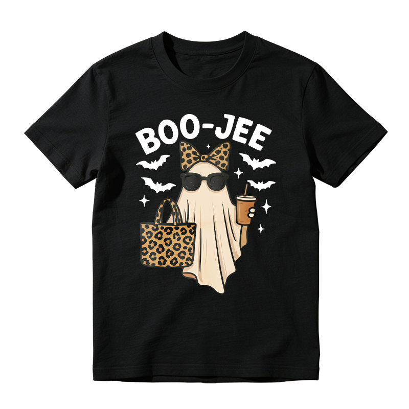 Boo Jee Leopard Print Ghost With Sunglasses And Coffee Cup Halloween Funny T-shirt