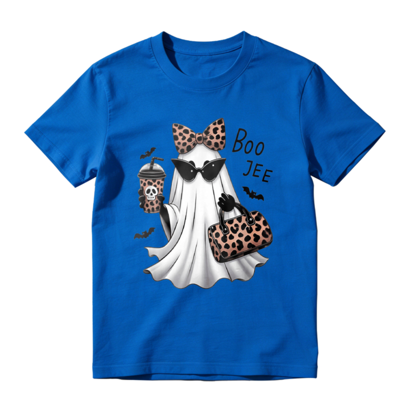 Leopard Print Ghost With Sunglasses Bow Tie Coffee Cup And Handbag Halloween Boo Tee T-shirt