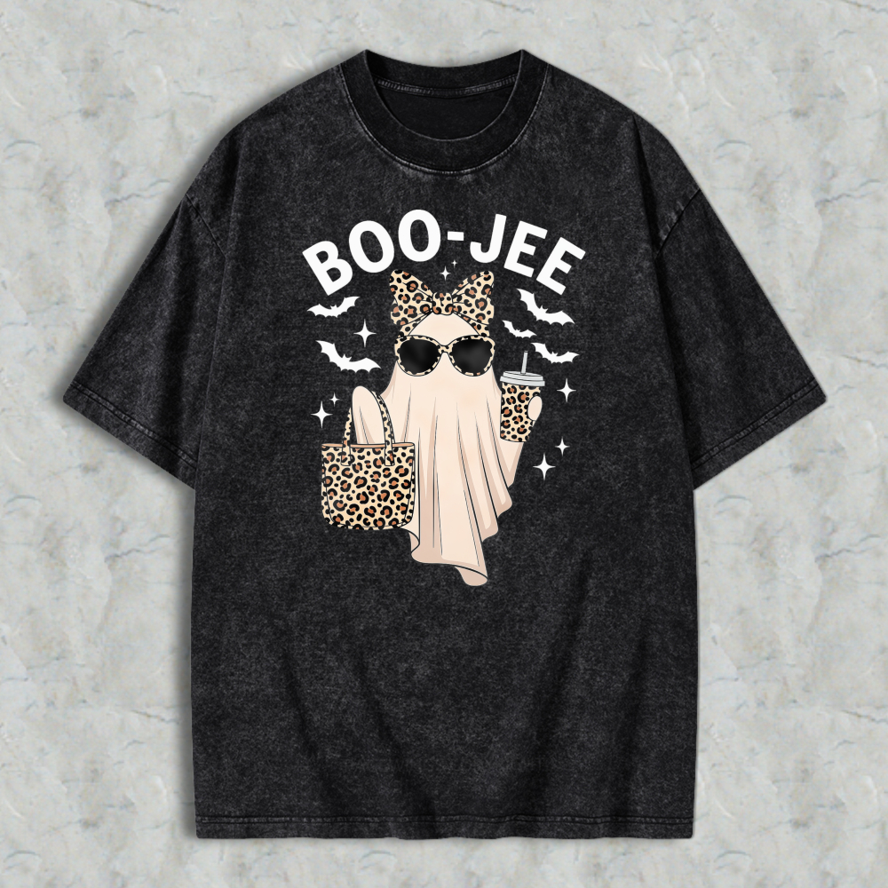 Boo Jee Ghost With Leopard Bow Sunglasses Coffee Cup And Bag Unisex Washed T-shirt