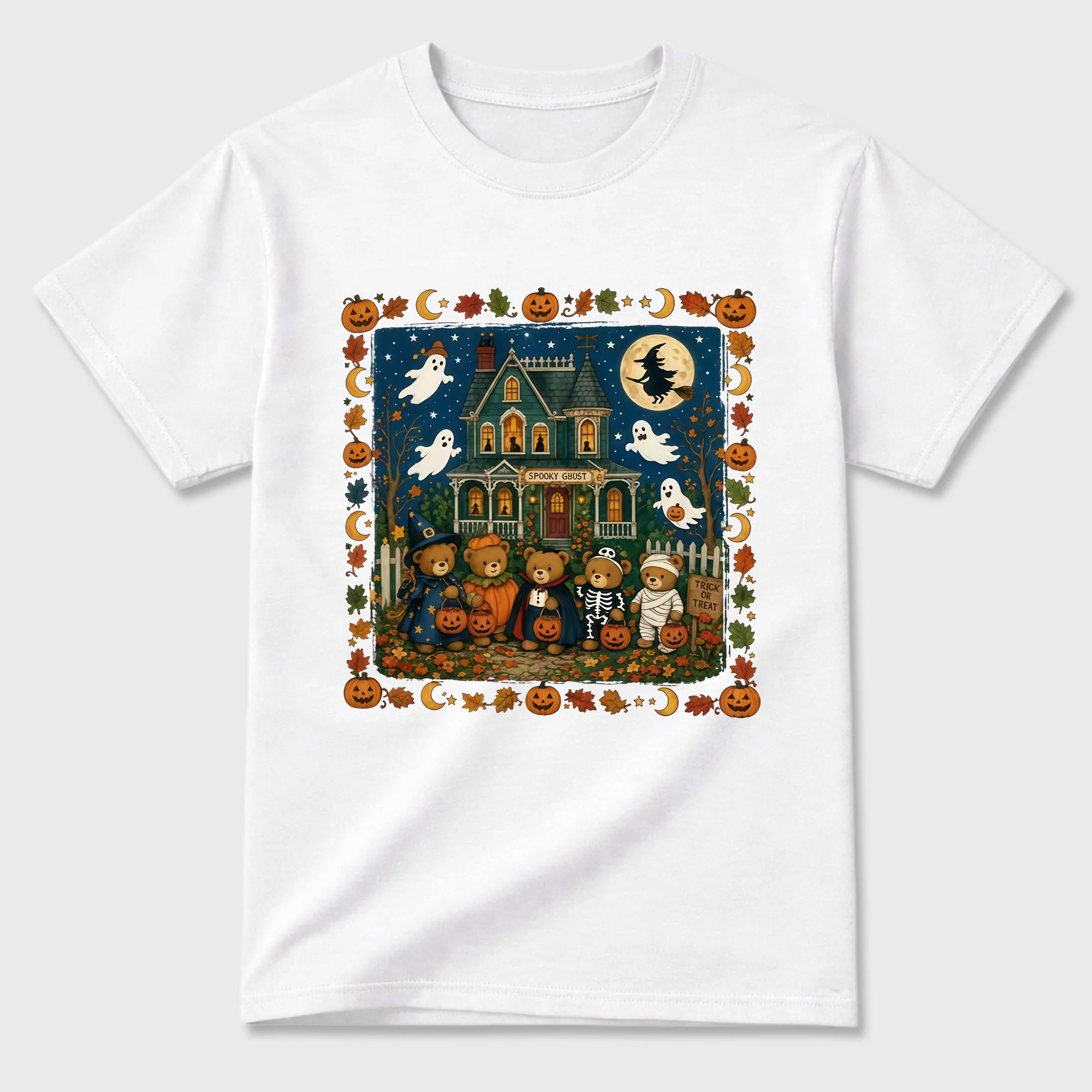 Vintage Halloween Trick Or Treat Teddy Bears T Shirt Spooky Haunted House Graphic Tee